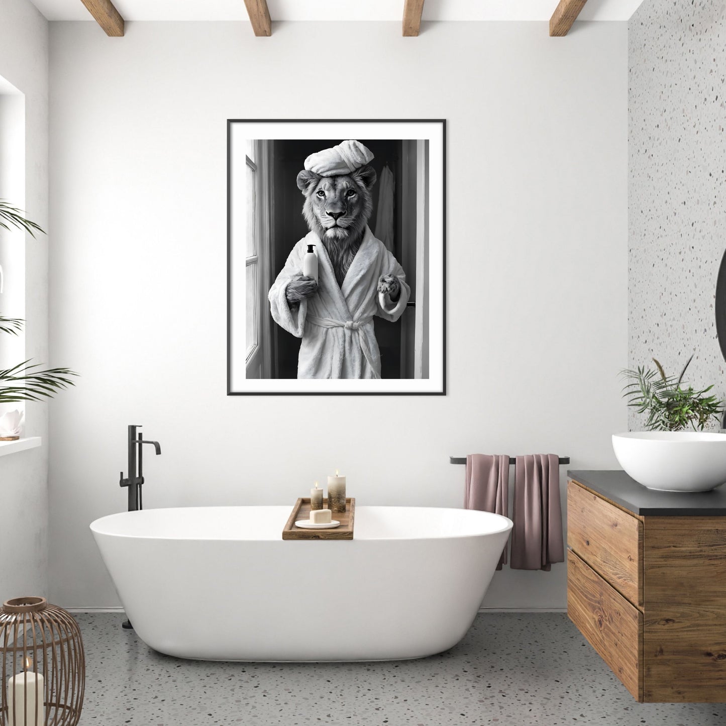 Lion in tub black-and-white wall art for restroom wall decor.