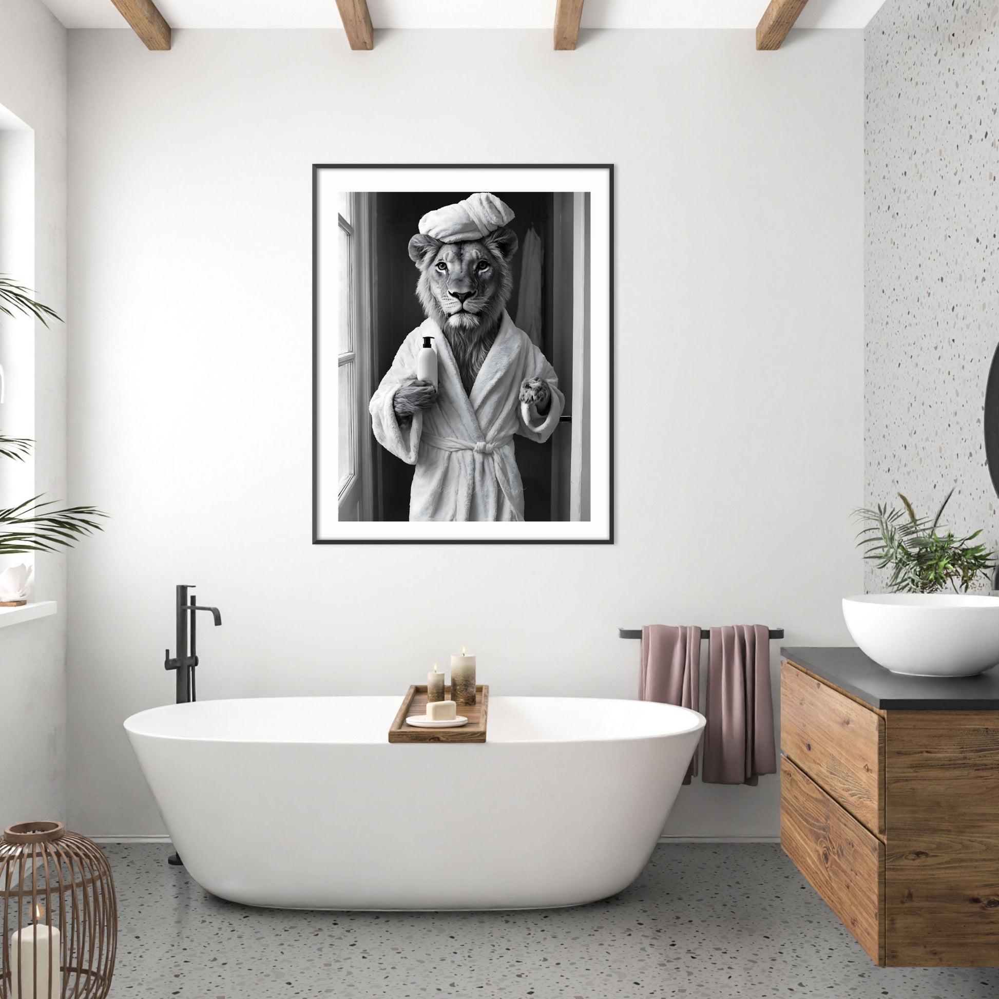 Lion in tub black-and-white wall art for restroom wall decor.