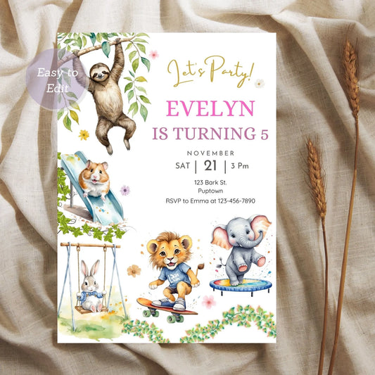 Safari jungle animal party invite for kids birthday celebration.