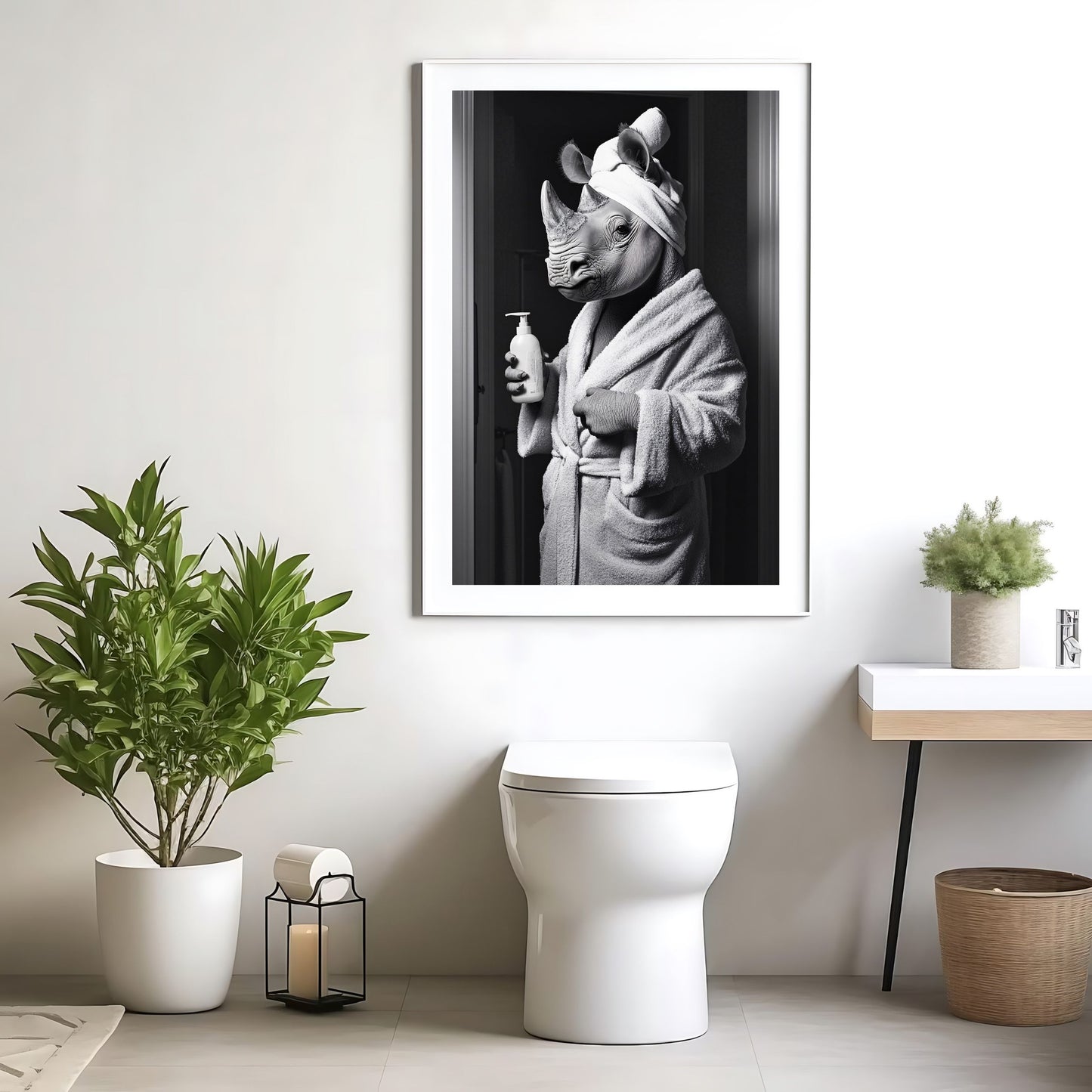 Animal bathroom decor featuring a rhino in a bathrobe. quirky animal humor