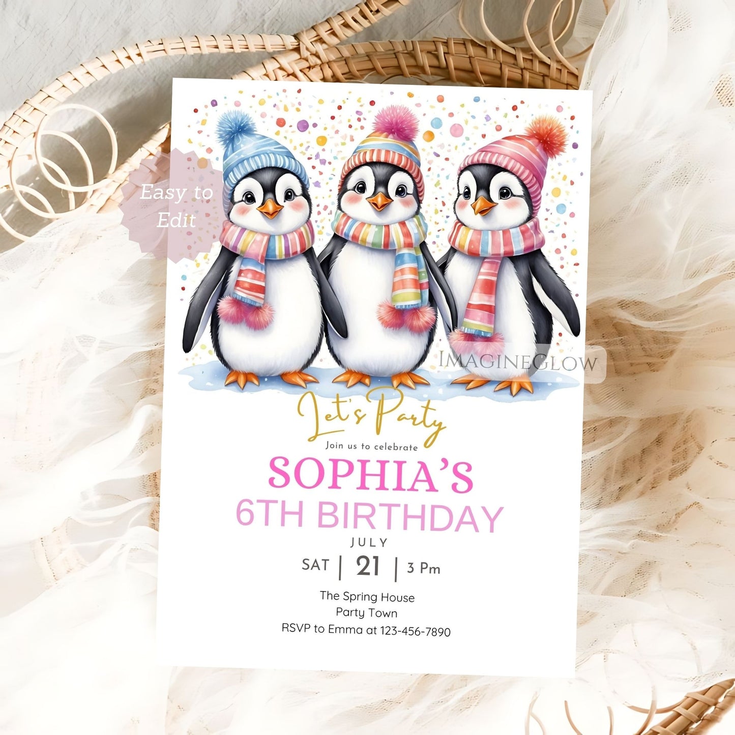 Birthday invitation card with penguins wearing colorful hats and scarves on a white background.