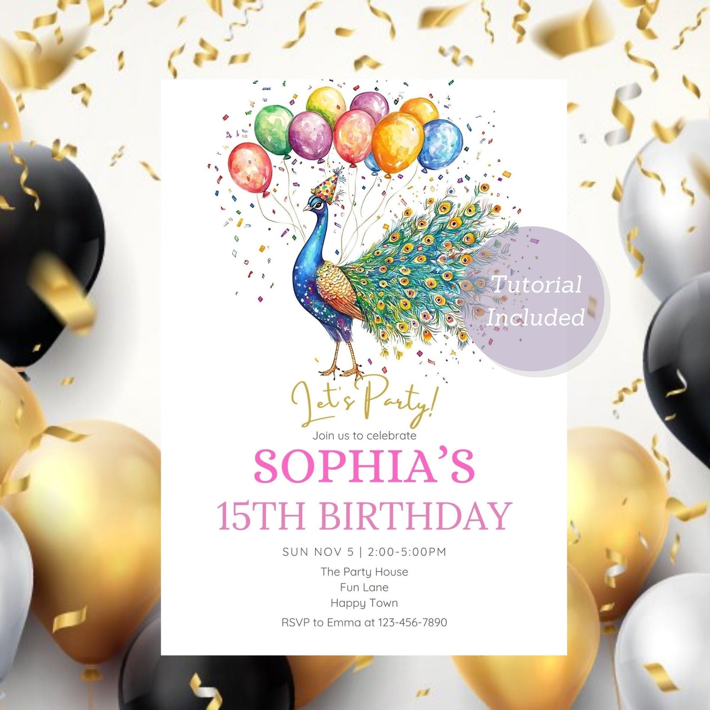 Vibrant peacock birthday card with exotic theme for kids