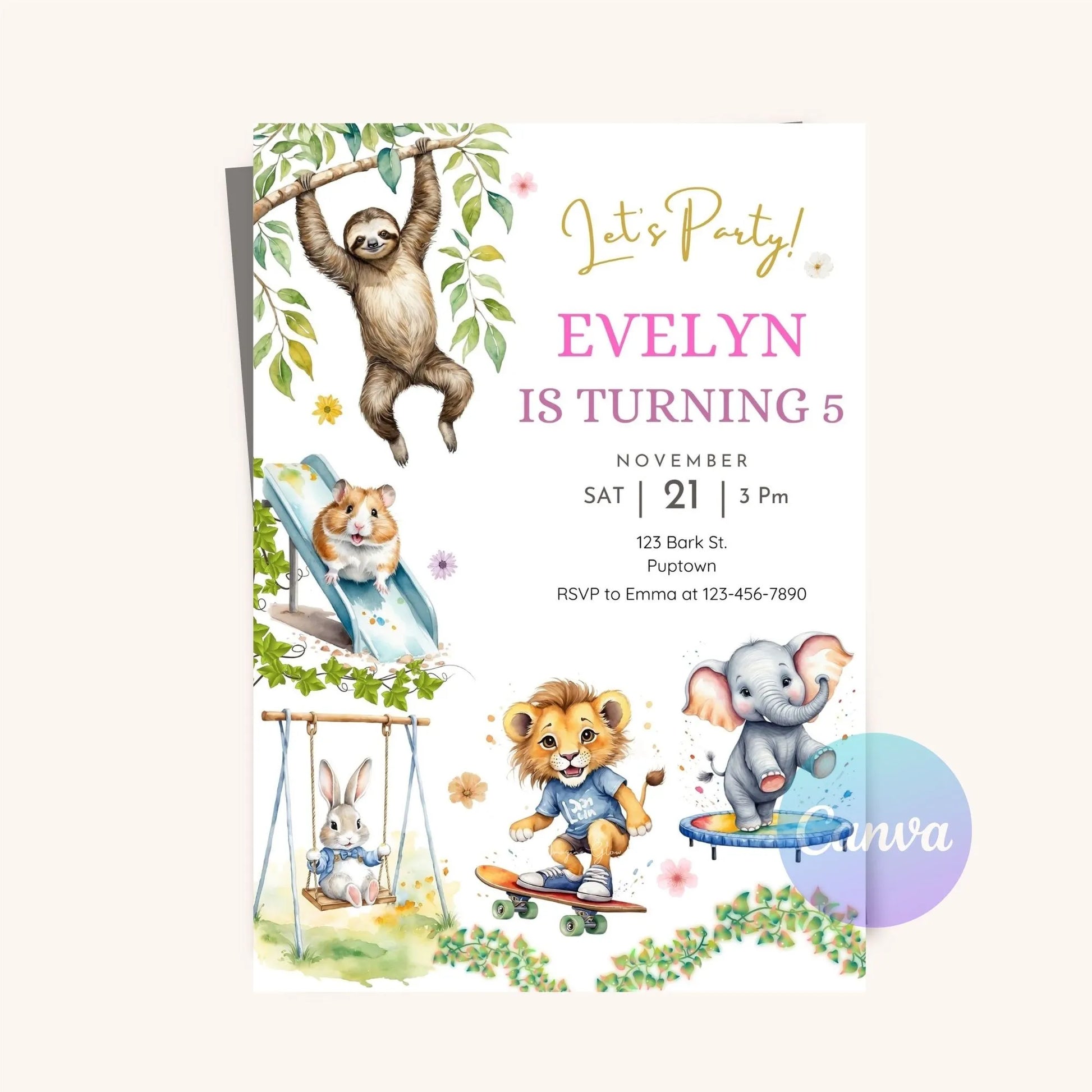 Jungle safari animal birthday invite for kids editable template.
Editable jungle safari birthday invitation with animal theme for kids.
