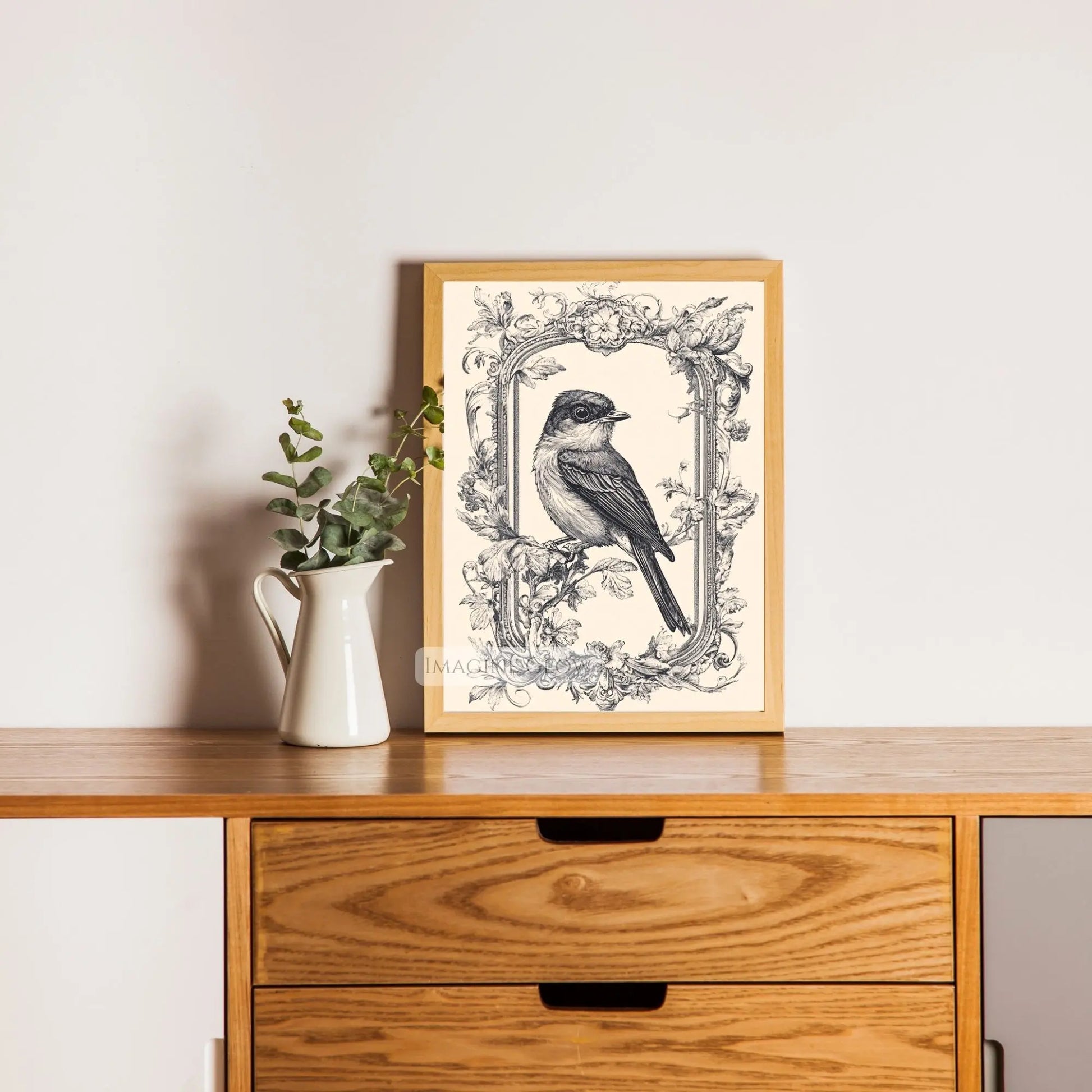 Nature-inspired vintage bird illustration for home decor.