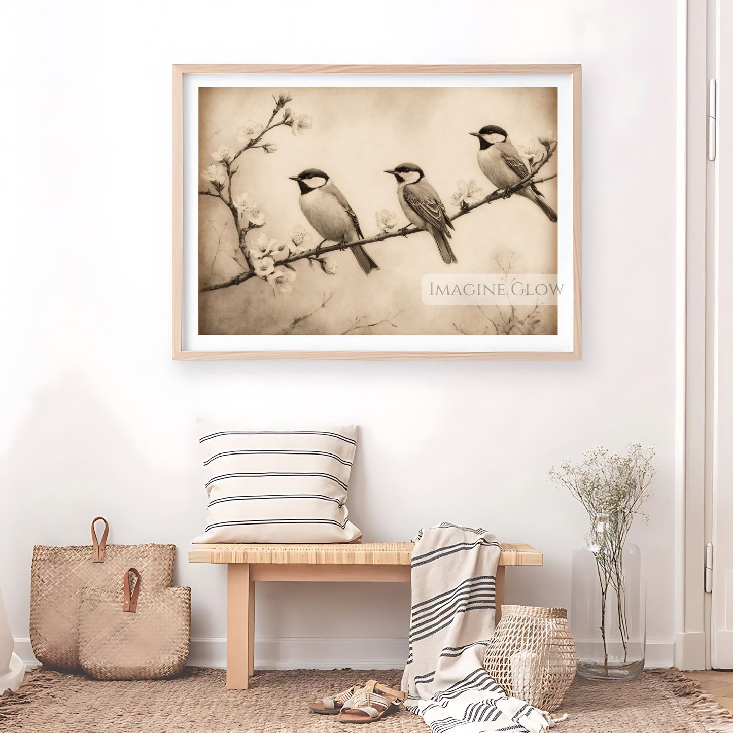Antique-style three birds on a branch print