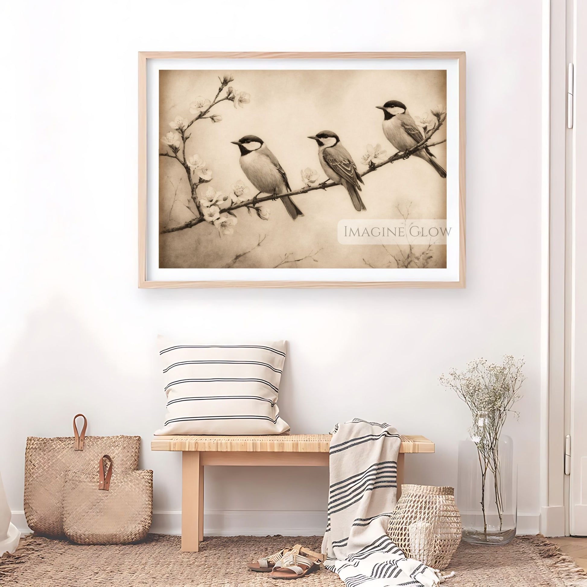 Antique-style three birds on a branch print