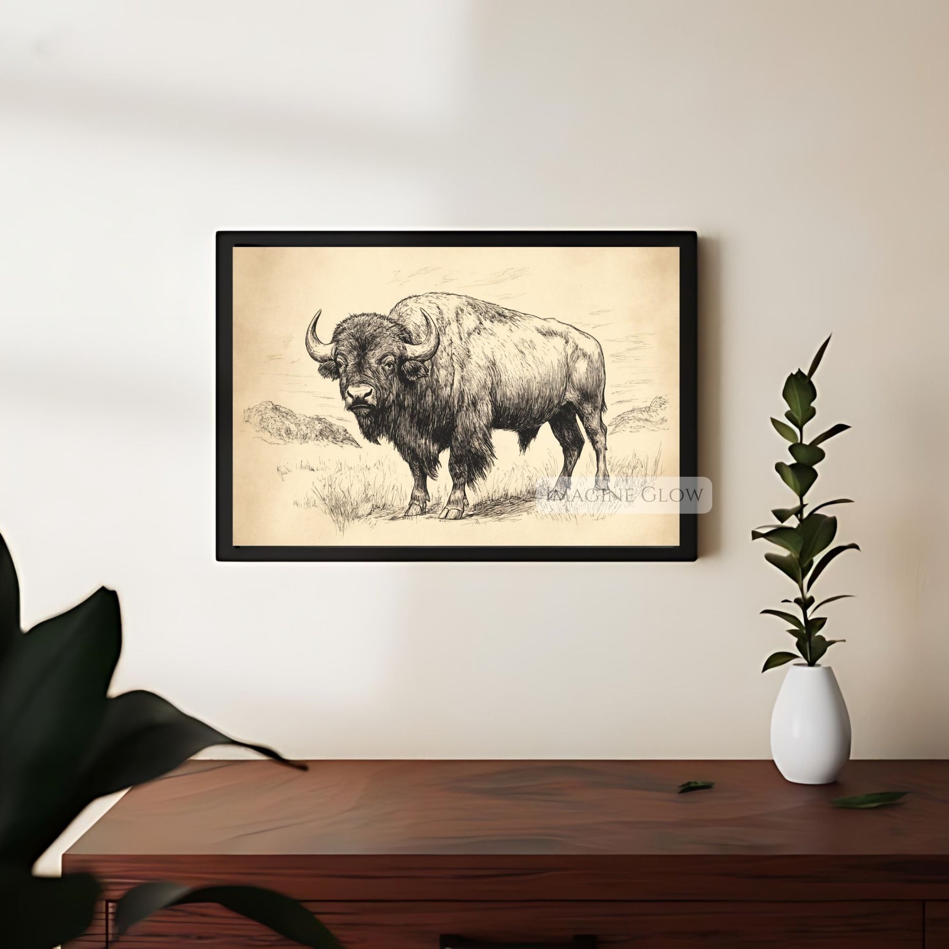 Western-style buffalo sketch for printable wall art.