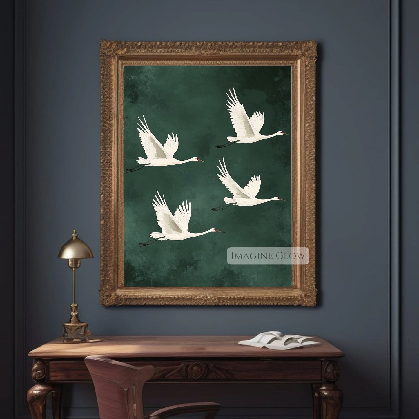 Japanese crane print with flying birds and green tones.
