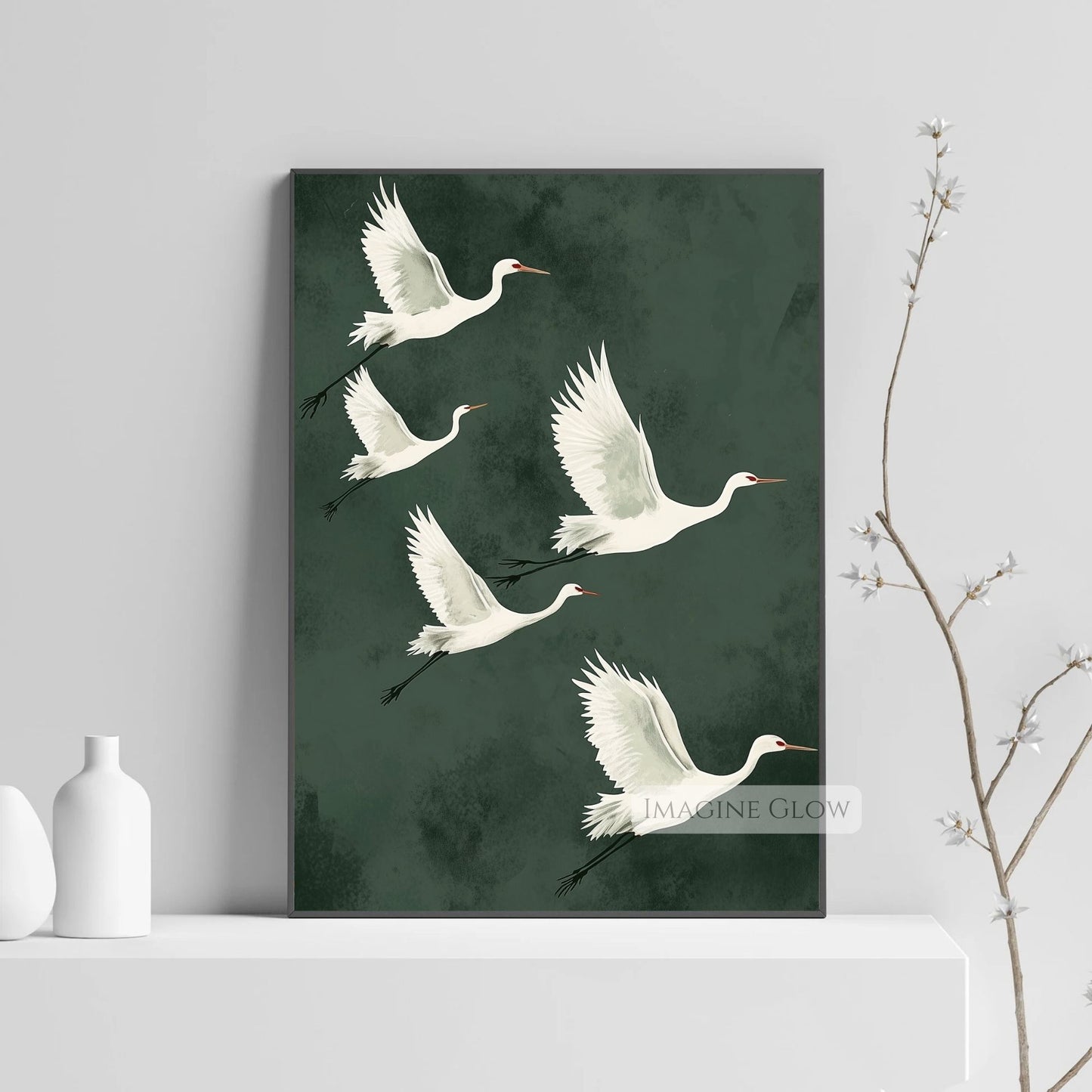 Serene crane print with traditional Japanese bird art.