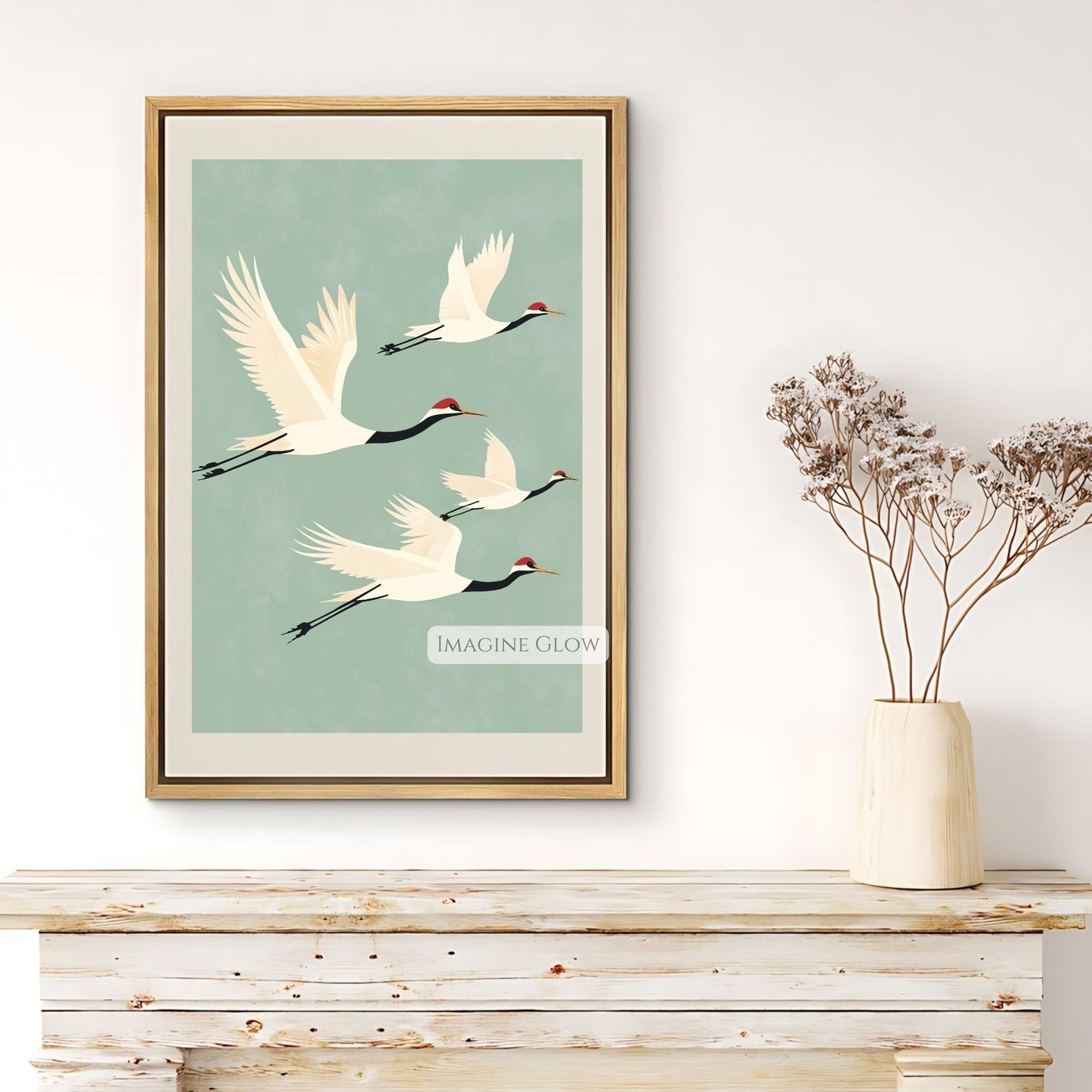 Japanese crane print for maximalist home decor.