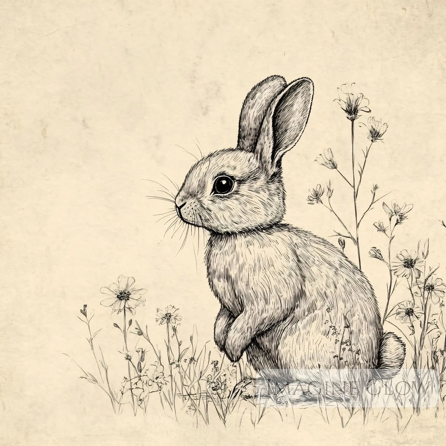 Serene rabbit in wildflowers vintage art print.
