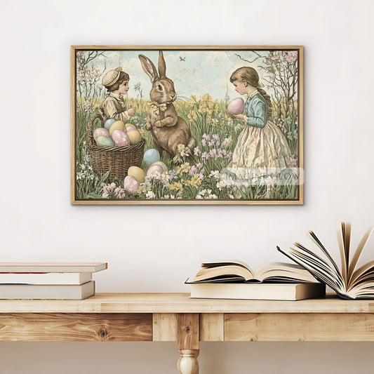 Vintage Easter egg hunt art for classroom decor.