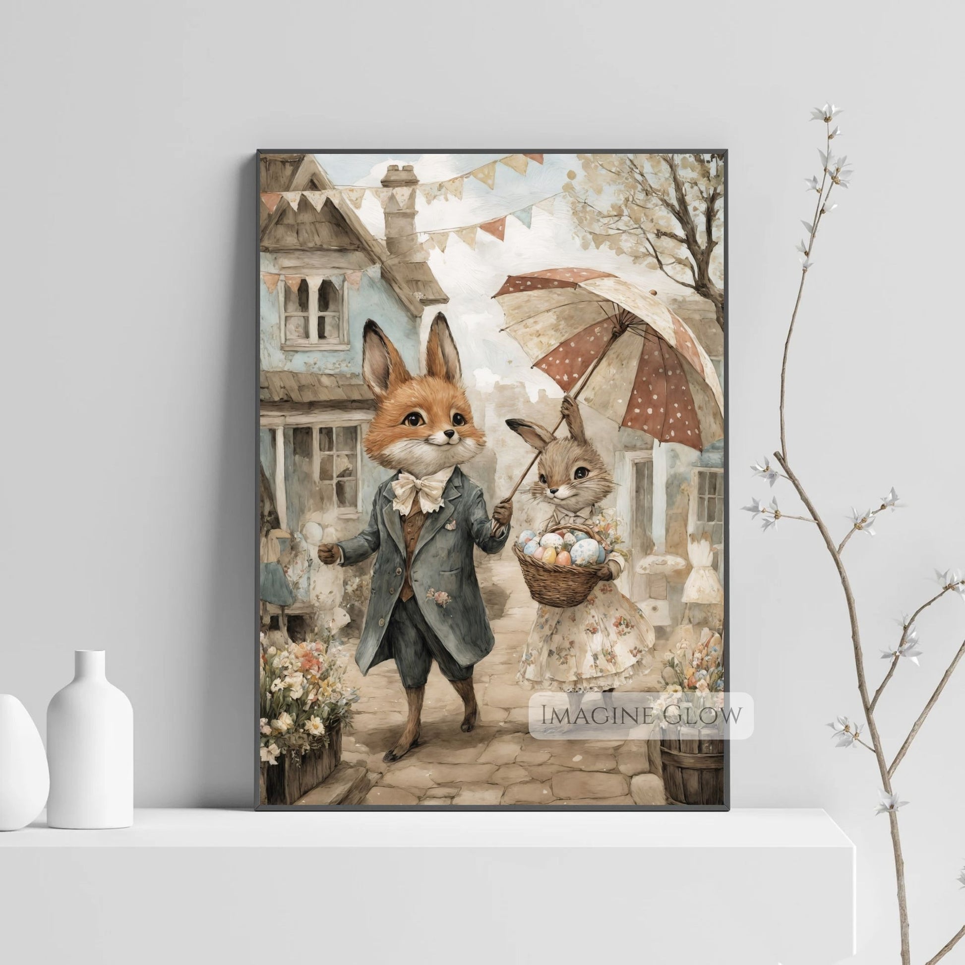 Victorian Fox & Bunny Wall Art with Easter Egg and Flower Basket