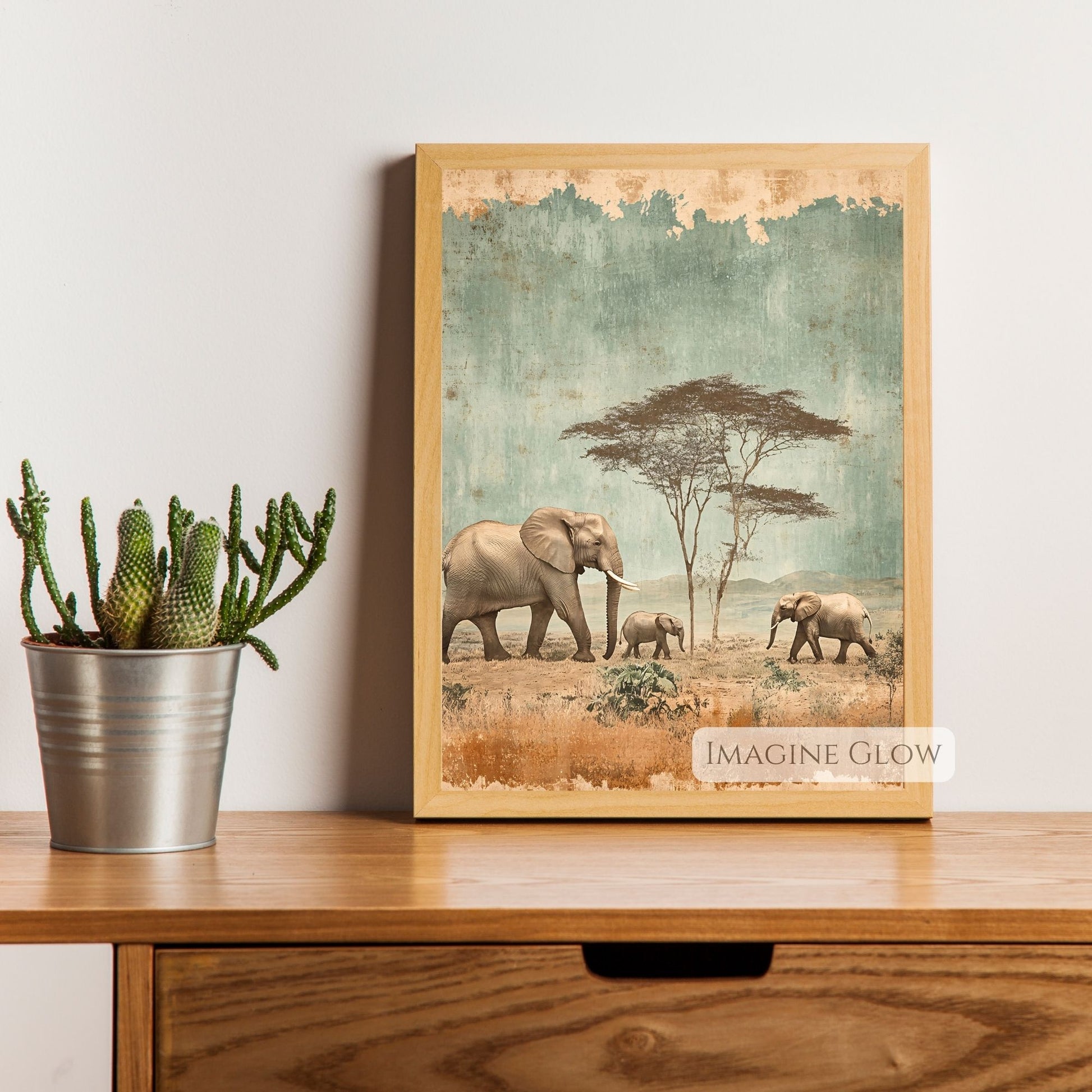 Vintage-style elephant family art print for decor.