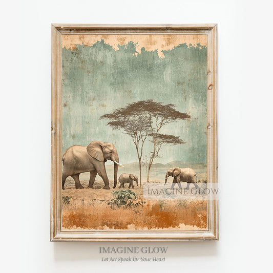 Antique elephant family print in the African savanna.