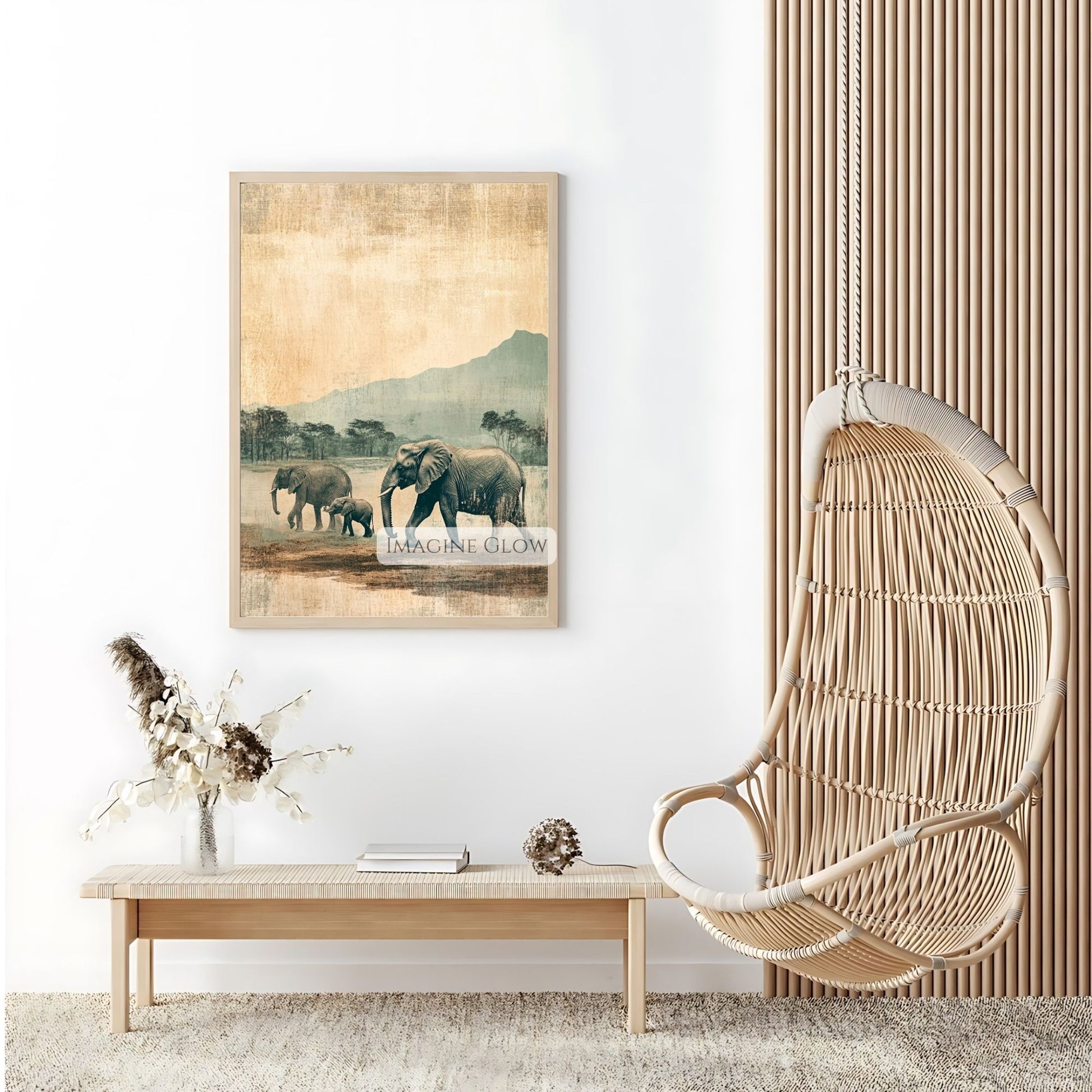 Elegant vintage-style elephant family in a savanna scene.