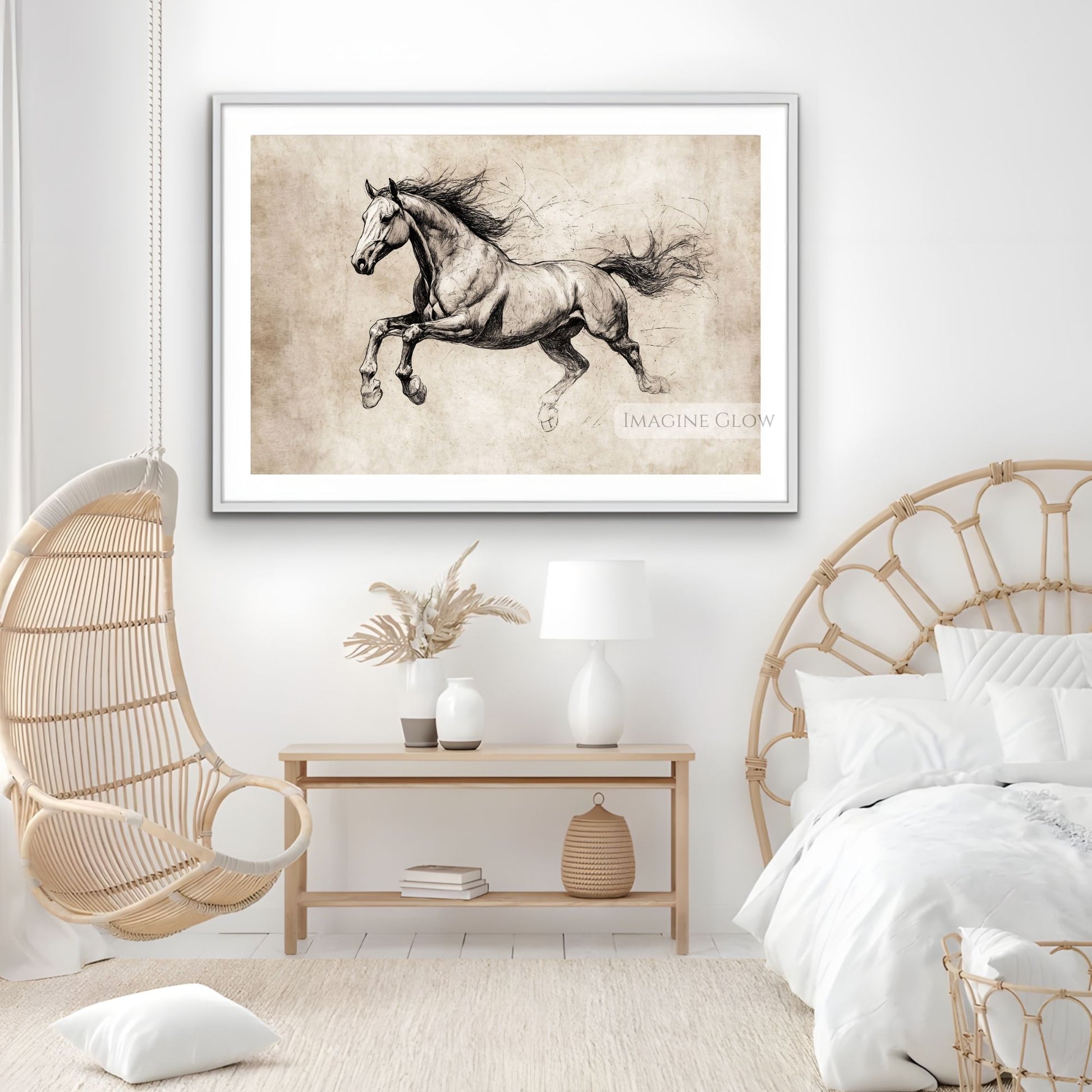 Equestrian-themed galloping horse sketch wall print.