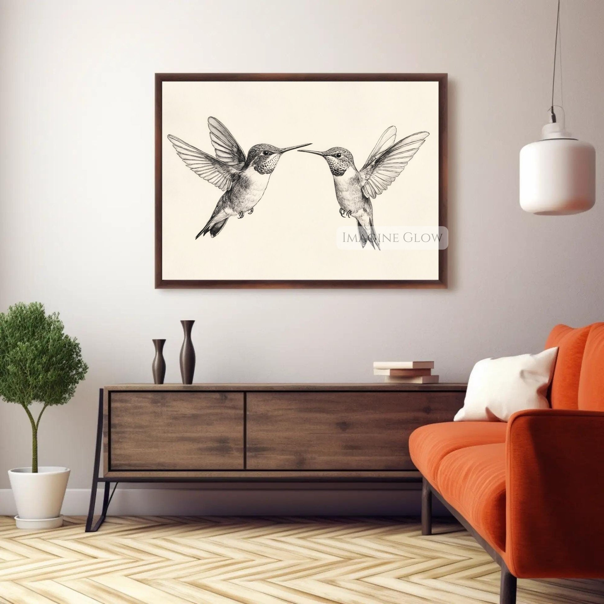 Two hummingbirds vintage sketch wall art