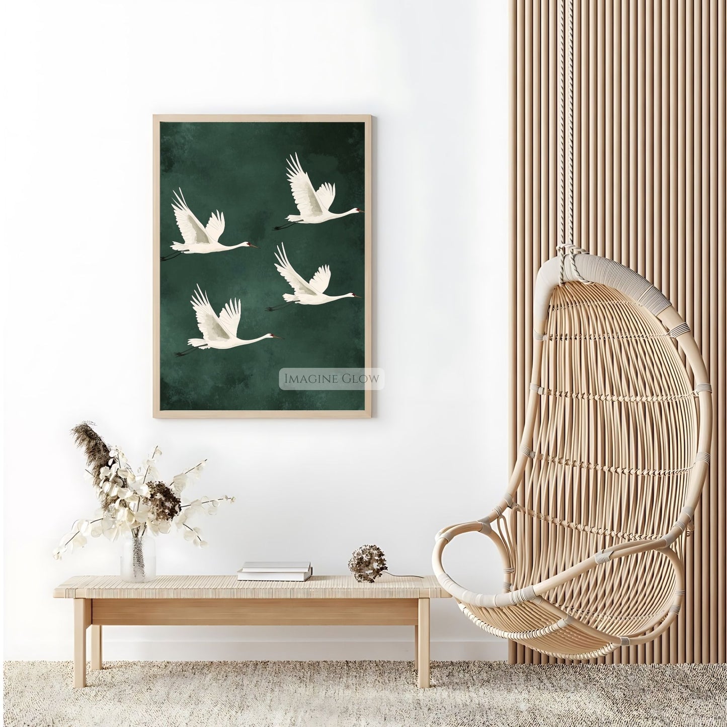 Antique Japanese poster featuring elegant cranes in flight.