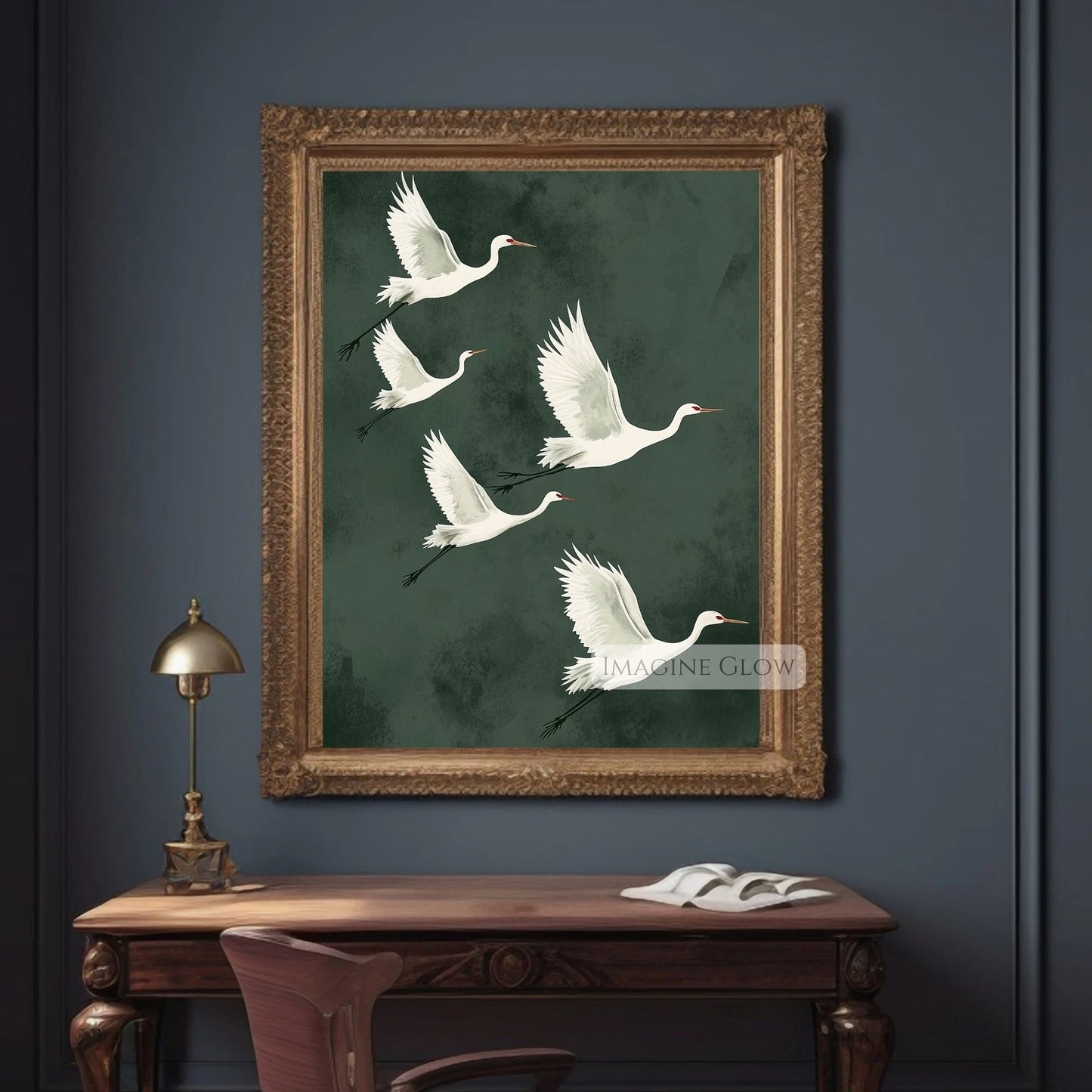 Antique Japanese poster featuring elegant cranes in flight.