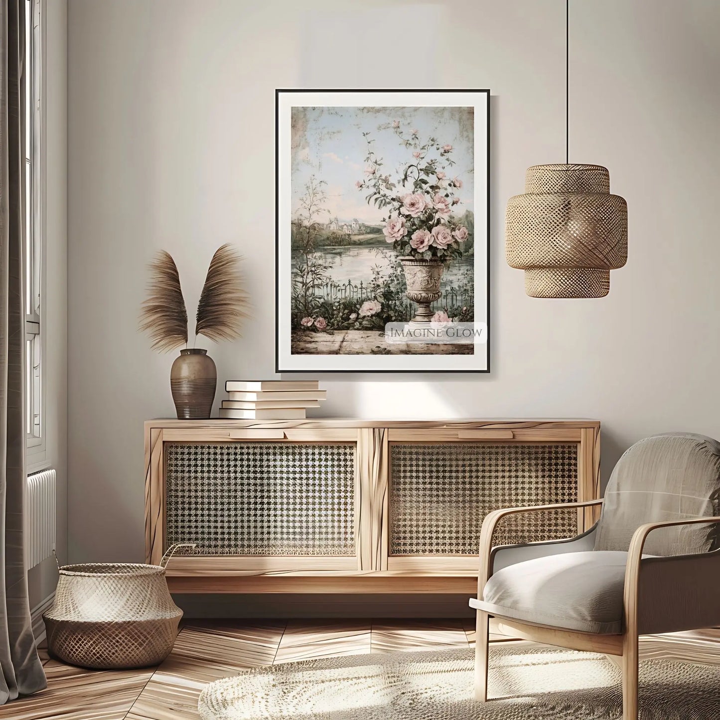 Cottagecore lake and flower artwork for home decor.