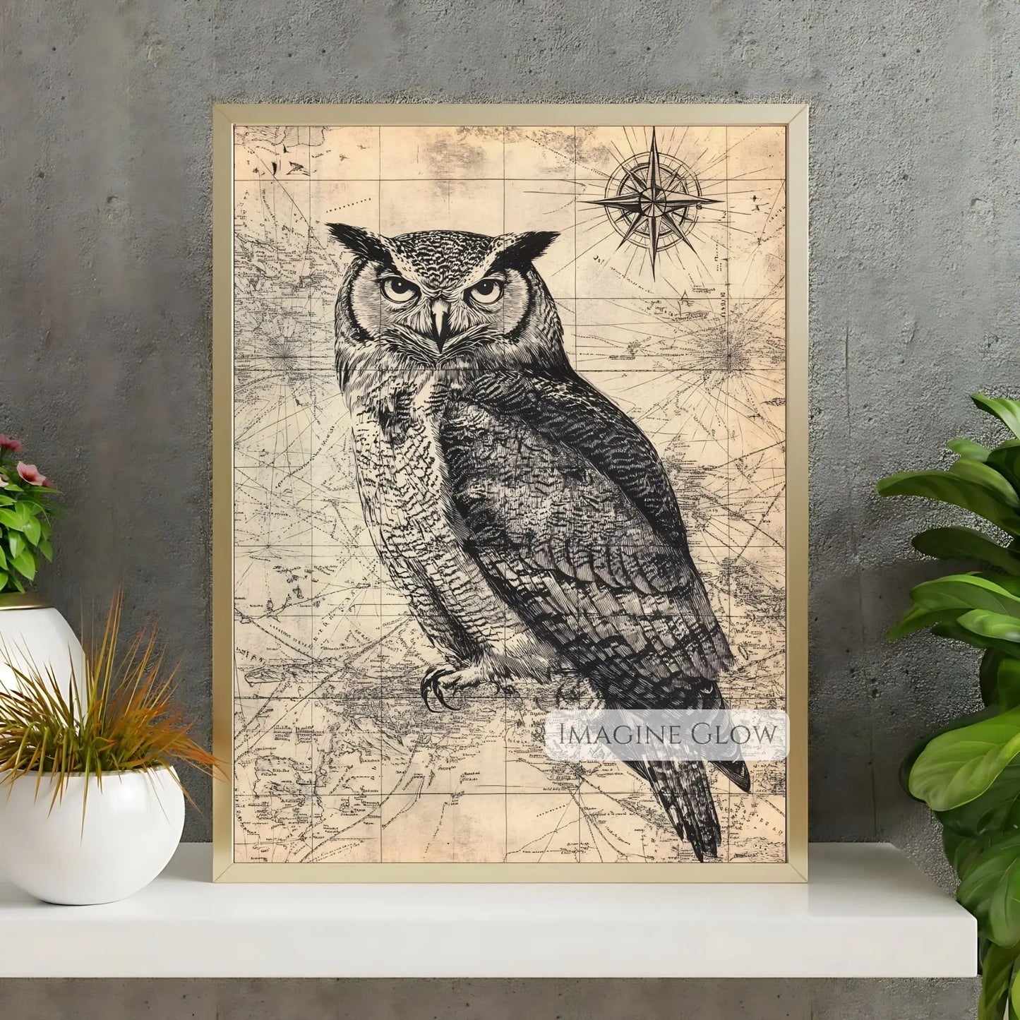 Antique owl print on old world map