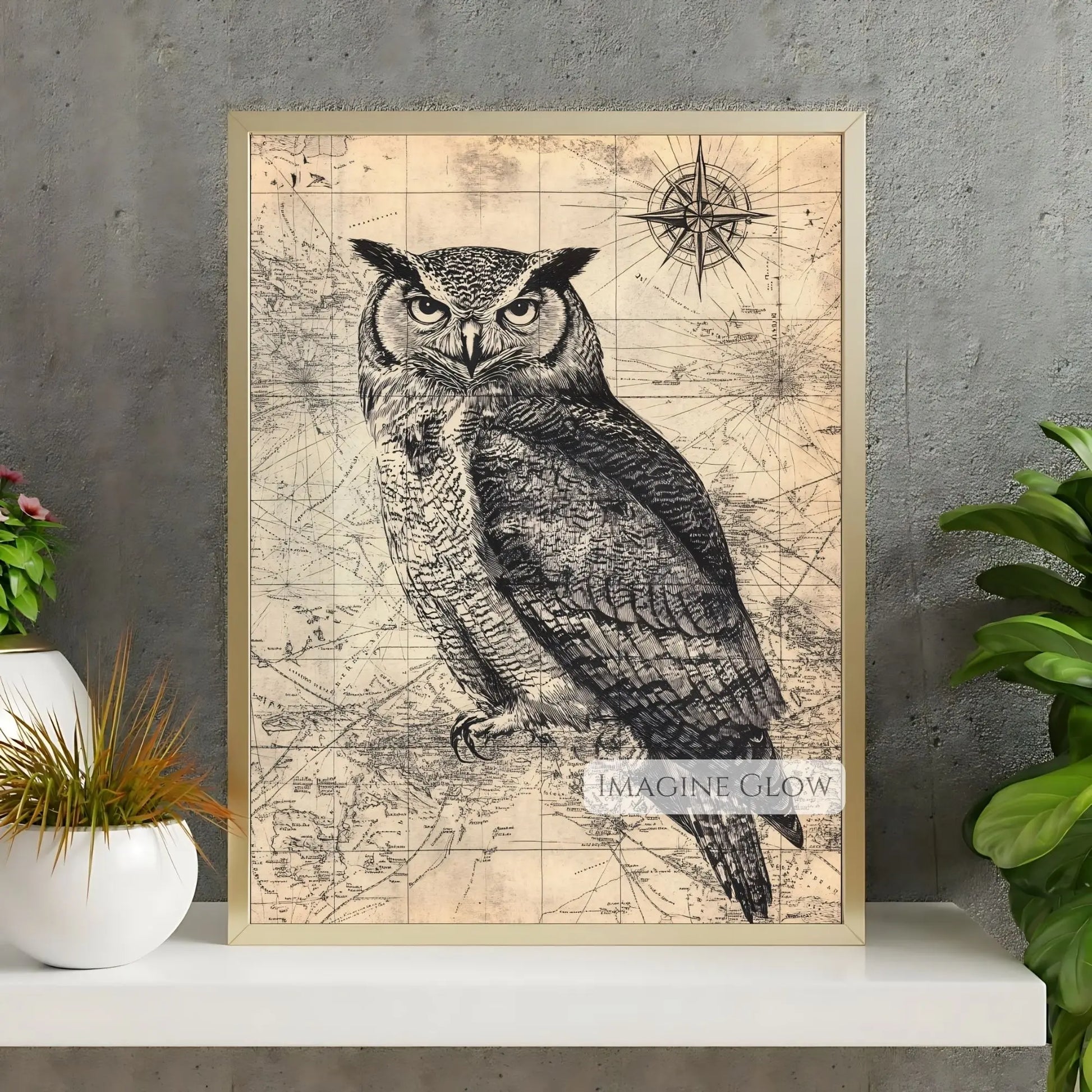 Antique owl print on old world map
