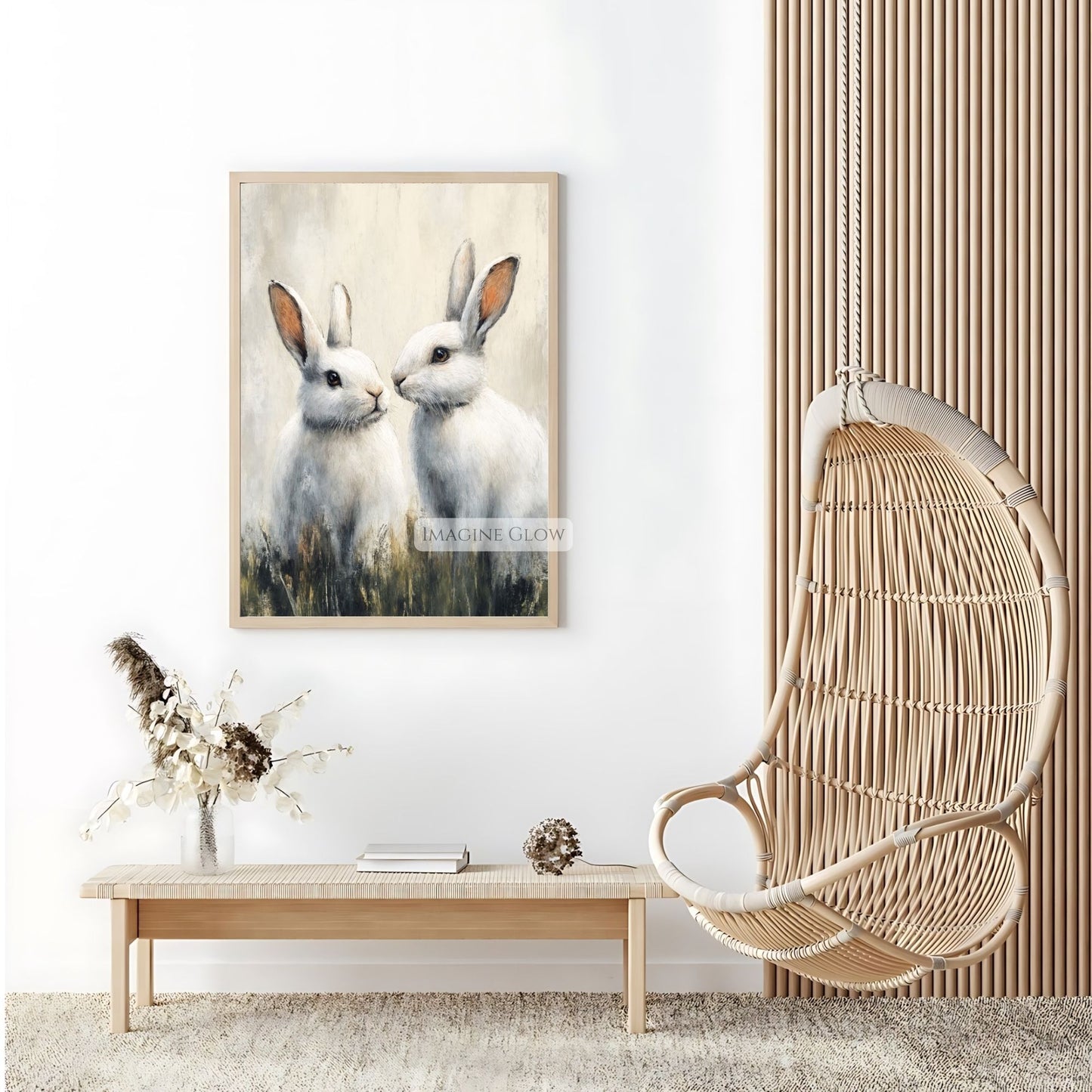 Antique rabbit print featuring two white bunnies in a field