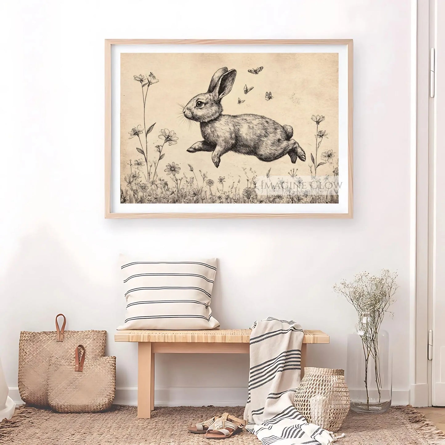 Antique bunny wall art with countryside charm.
