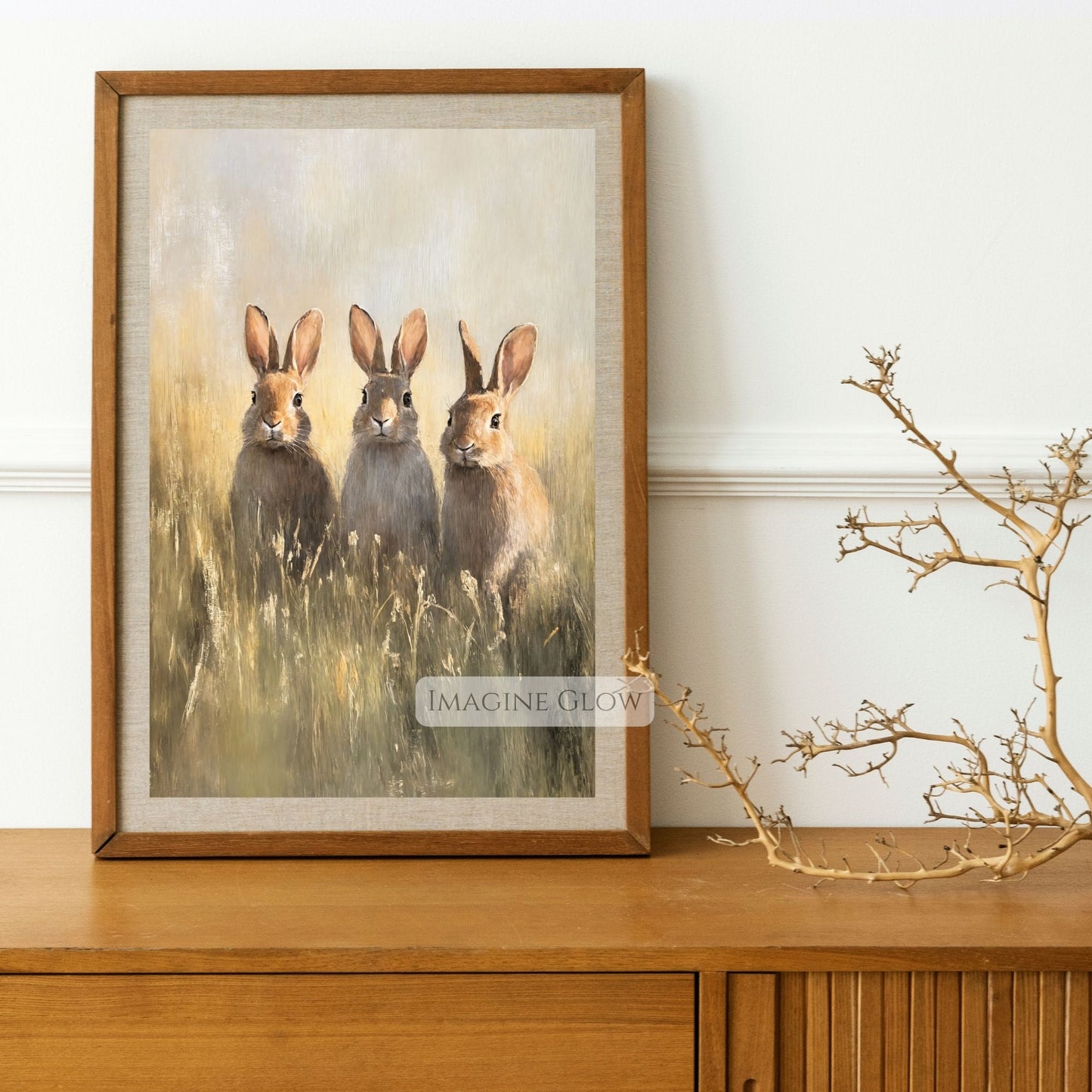 Three rabbits in nature-inspired farmhouse wall art