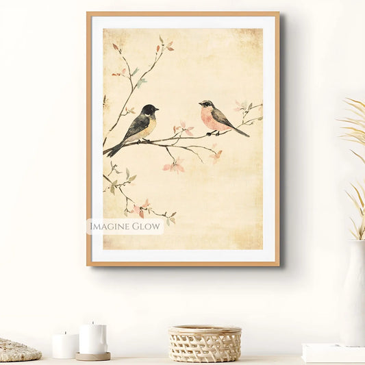 Vintage bird print featuring two birds perched on a blossoming branch