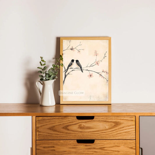 Vintage bird print featuring a pair of birds on a tree branch