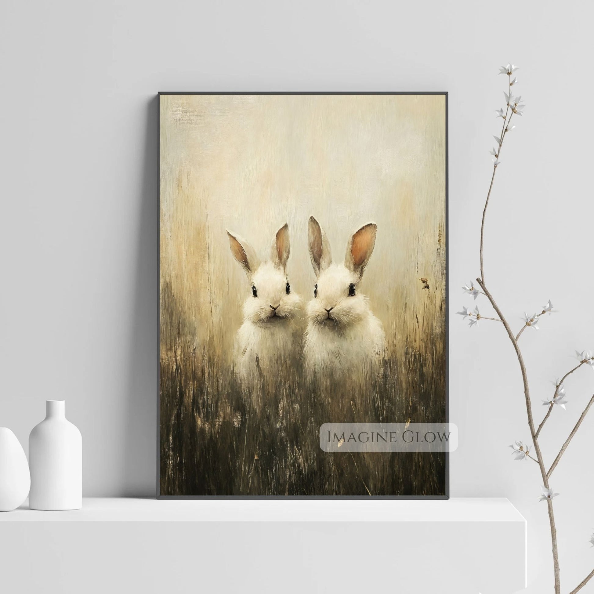 Two rabbits in nature-inspired farmhouse wall art