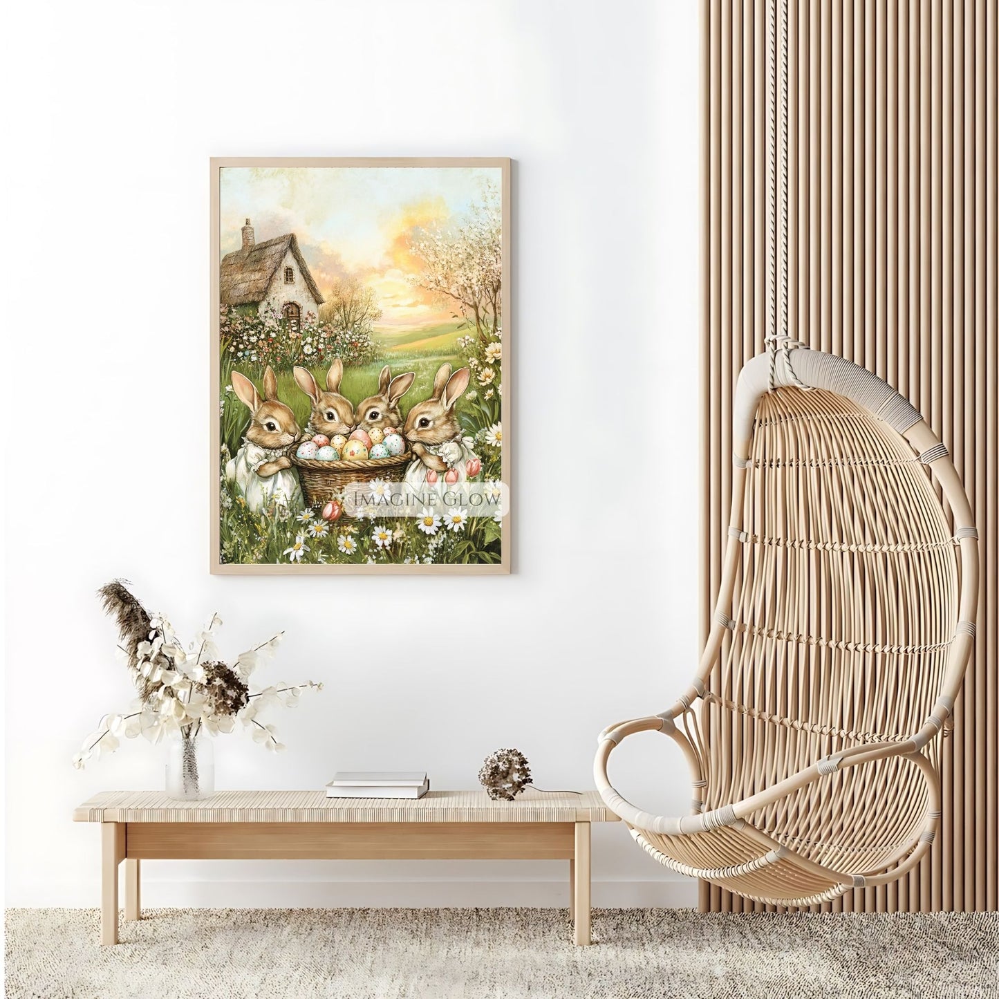 Victorian baby rabbits Easter egg hunt art print.