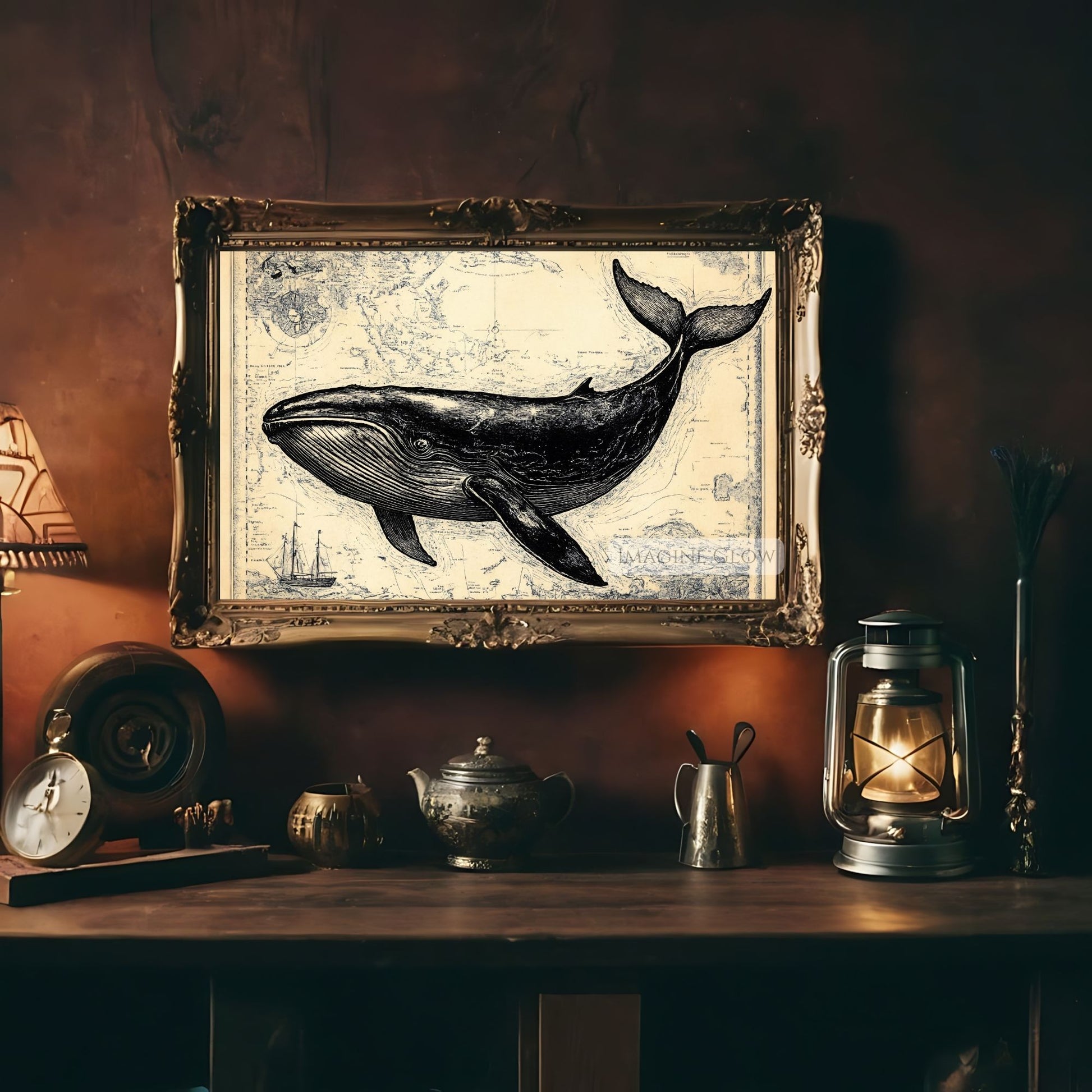 Maritime-inspired whale sketch for printable wall art.