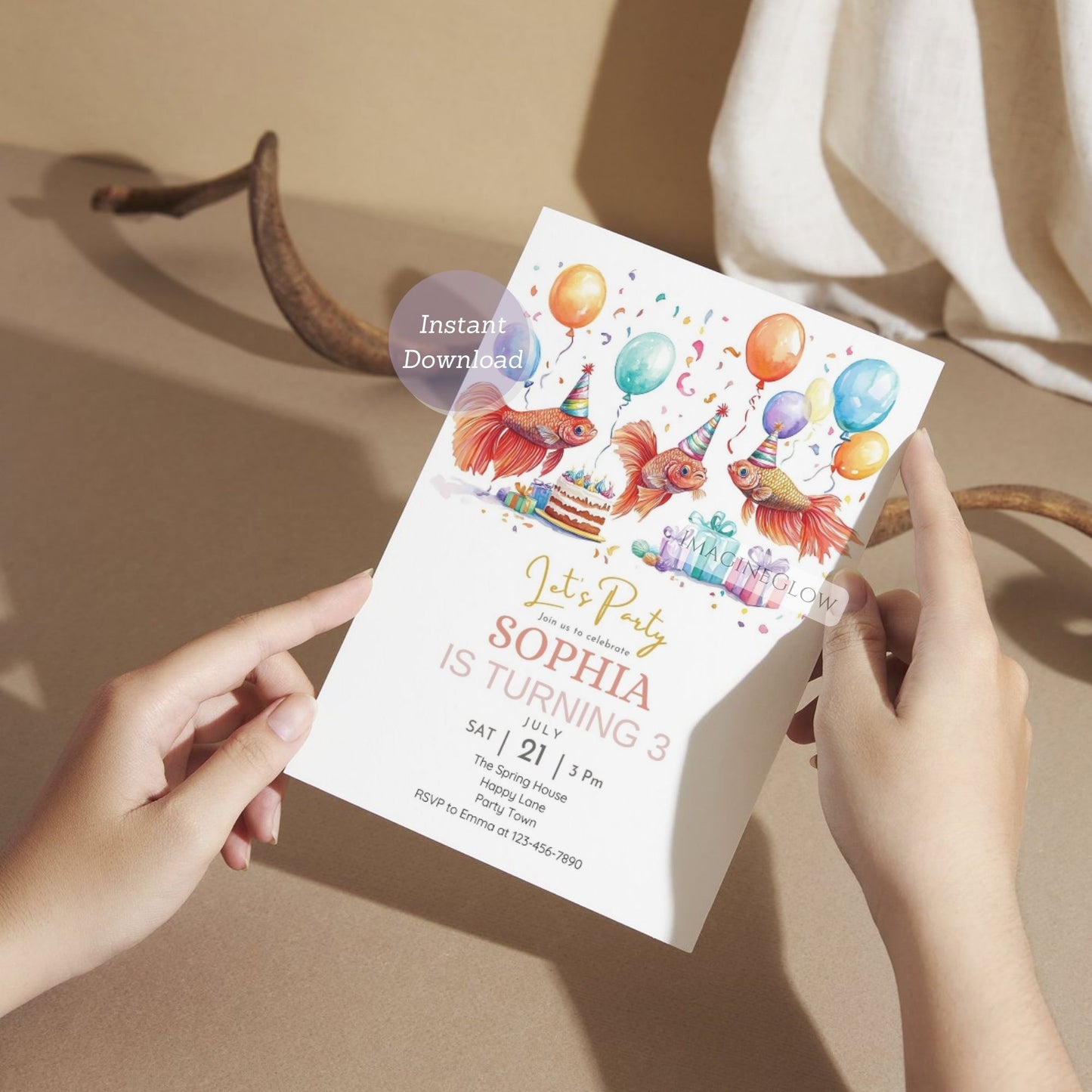 Editable fish party invitation for kids
Colorful fish-themed birthday invitation digital download