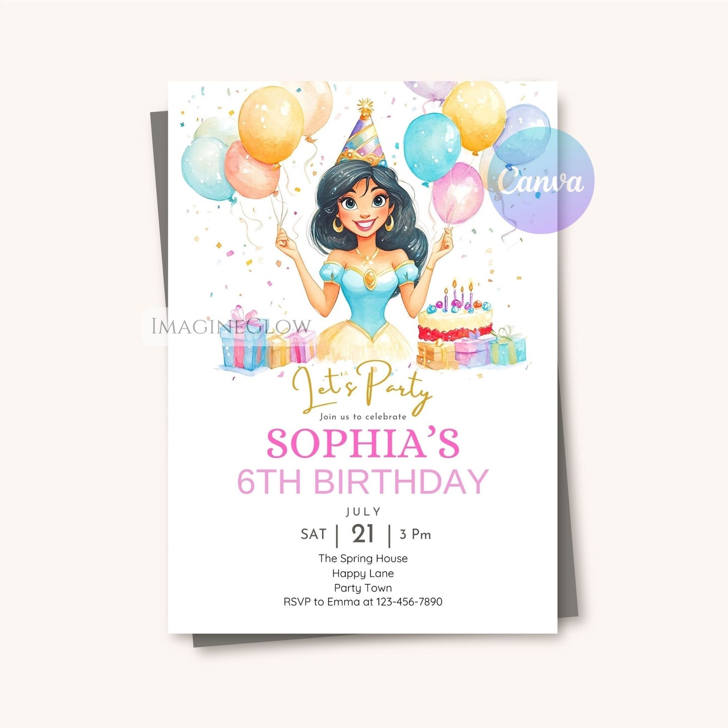 Princess Jasmine magical birthday invitation with instant download