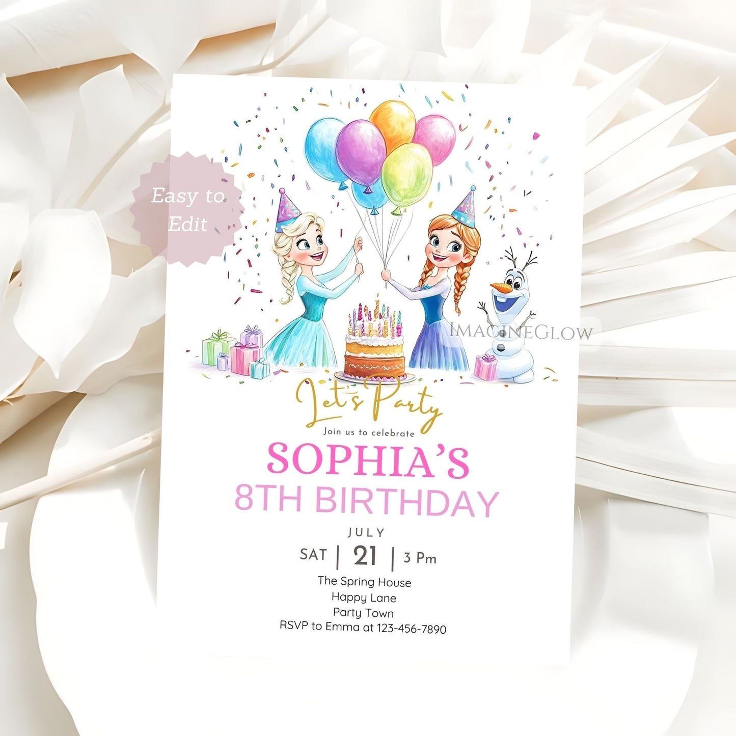 Frozen birthday invitation with Elsa, Anna, and Olaf