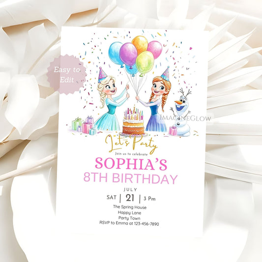 Frozen birthday invitation with Elsa, Anna, and Olaf