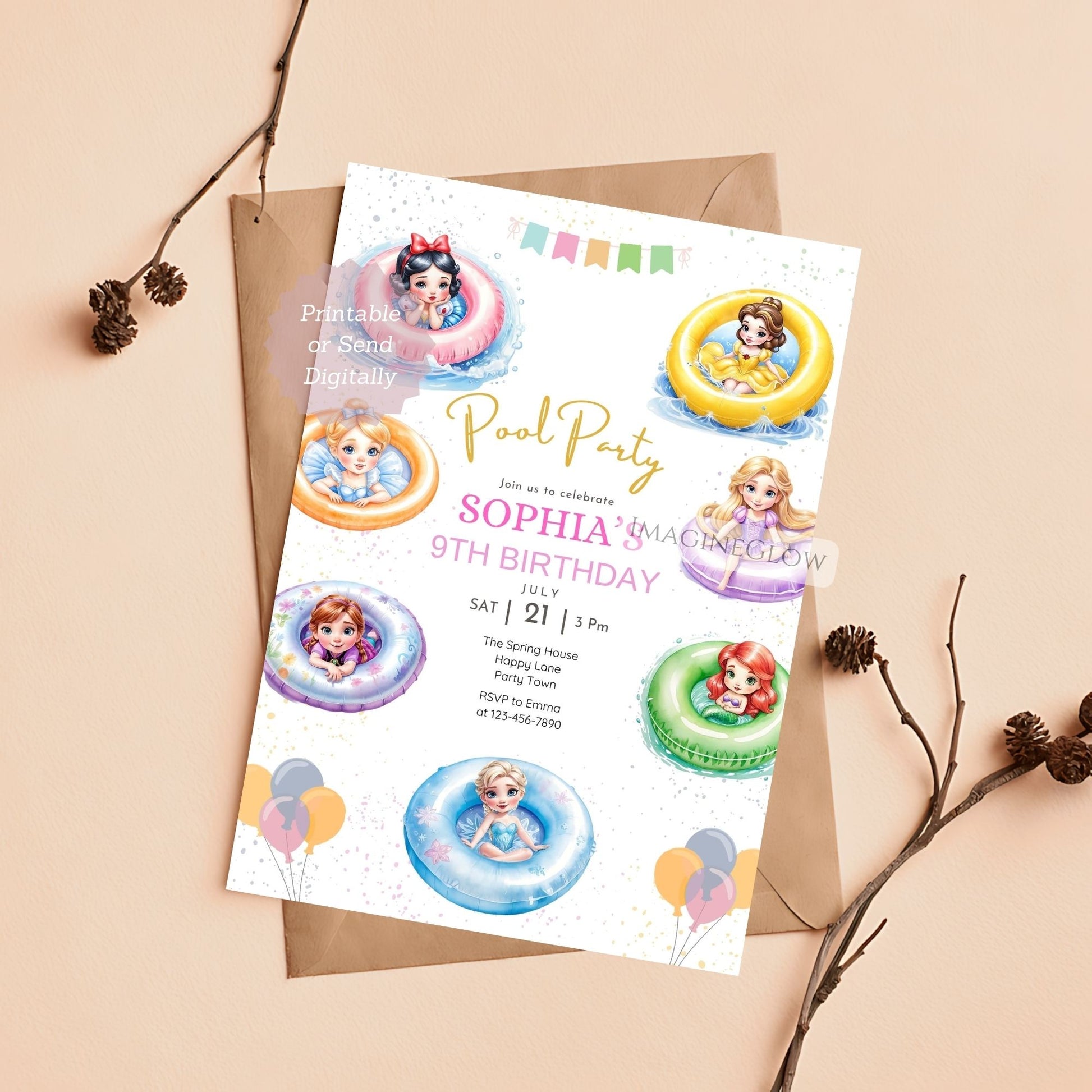 princess pool party birthday invitation