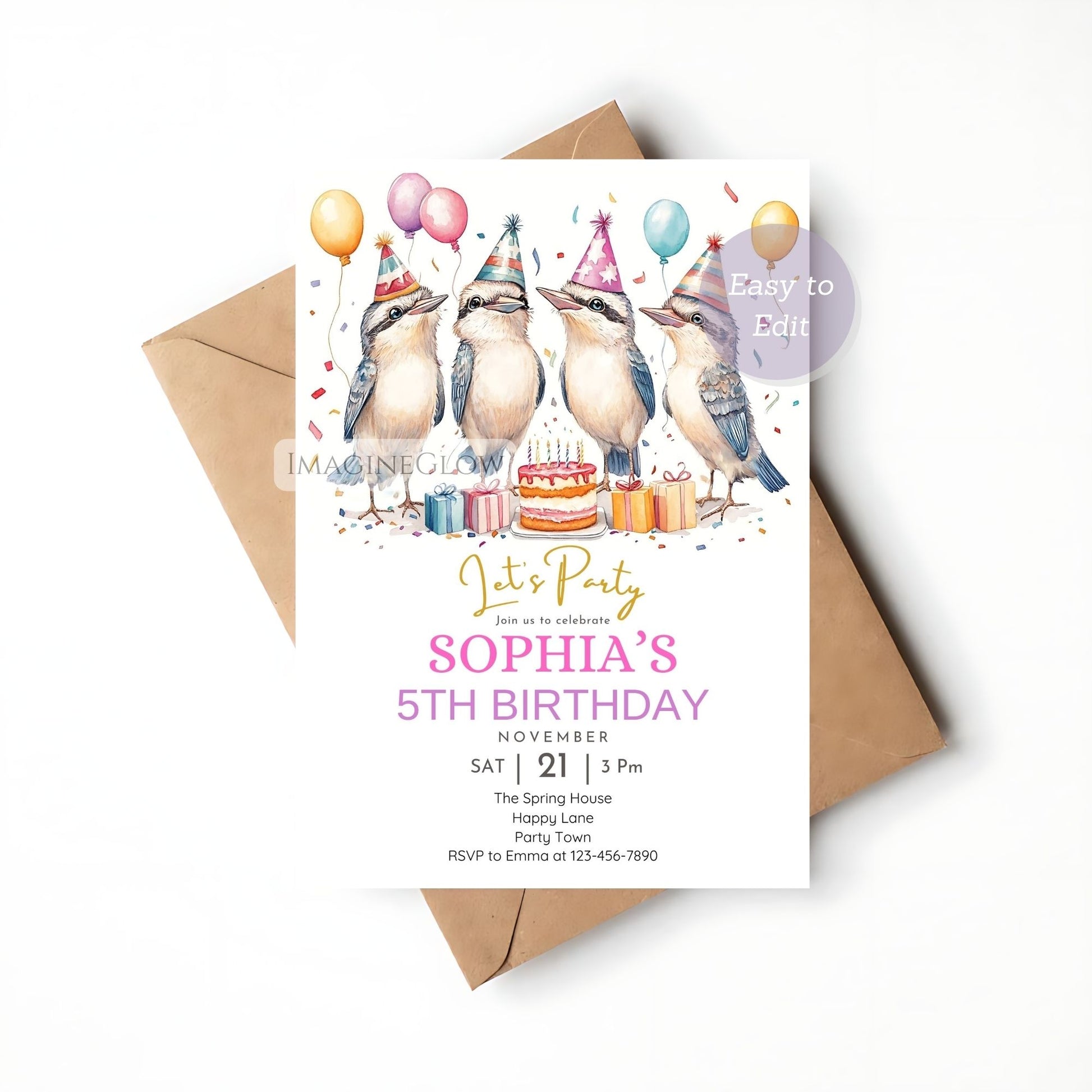 Editable Australian bird birthday party invite