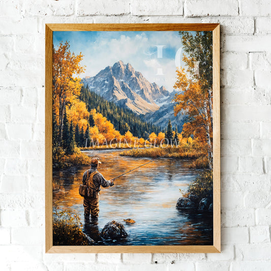 Fishing autumn landscape in the mountains rustic riverside nature scene
Fishing by a river surrounded by fall foliage mountain forest art