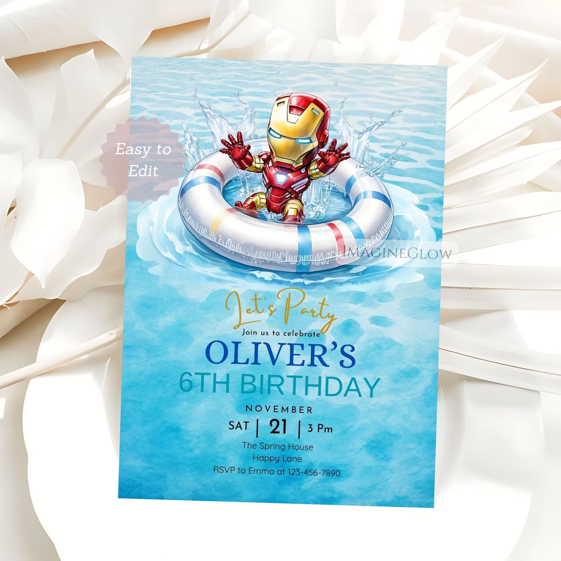 iron man summer splash party card
avengers pool party template