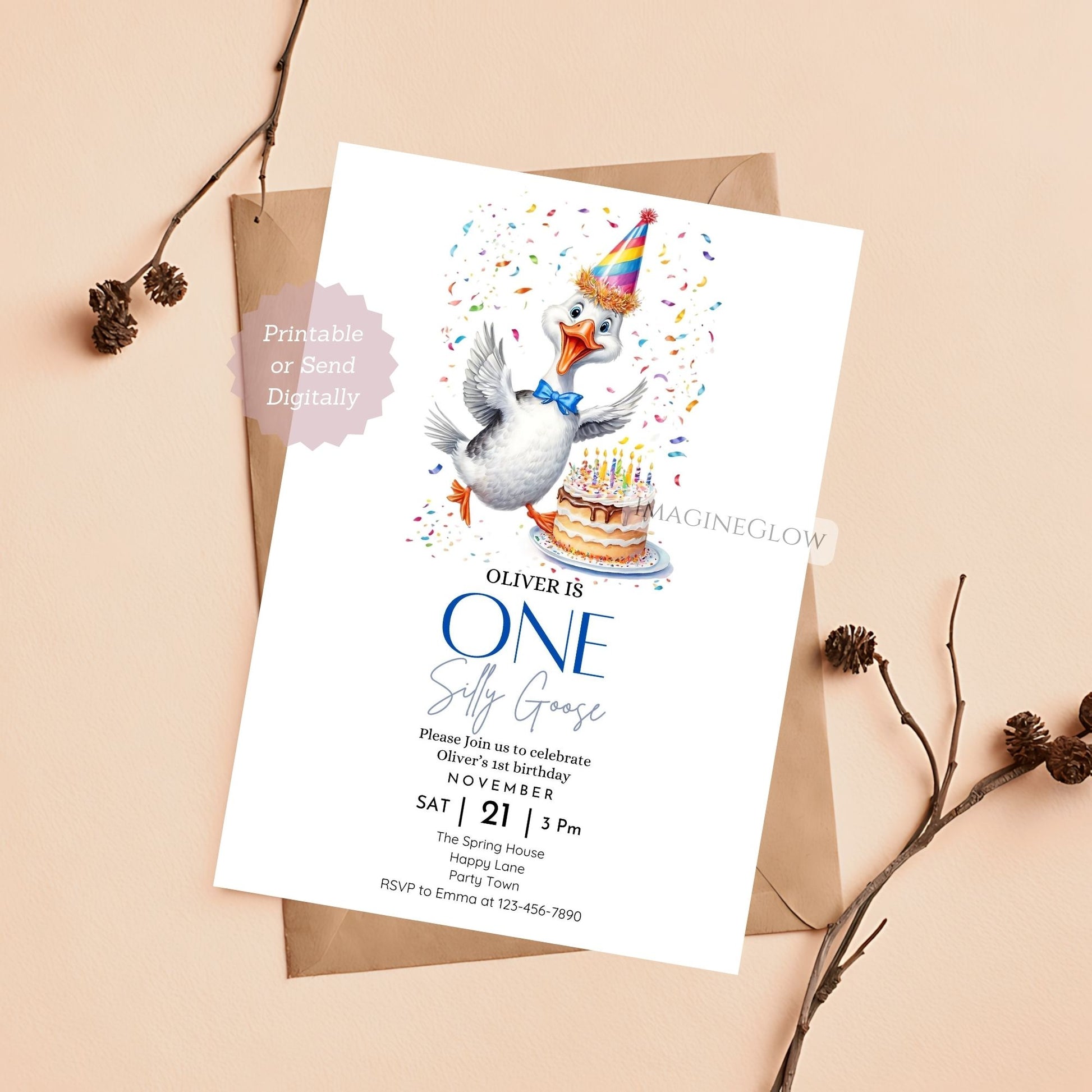 Adorable goose-themed 1st birthday invitation