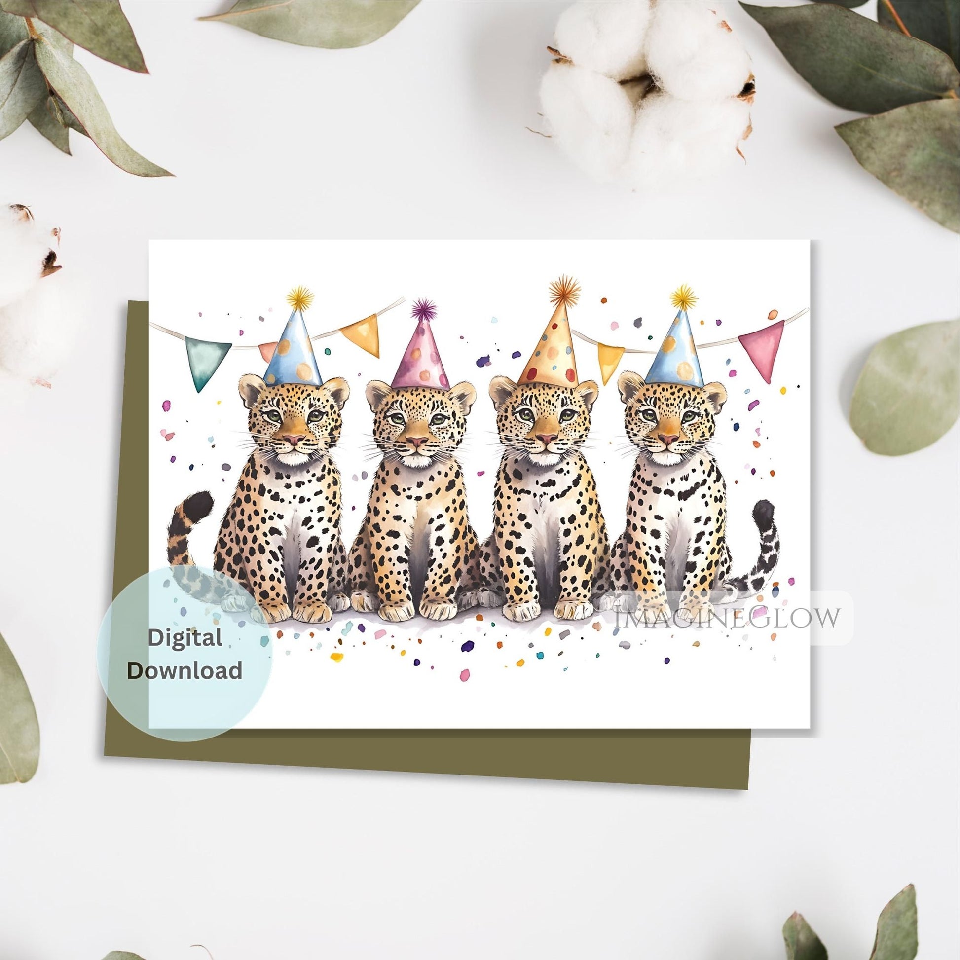 Digital download card with four leopards wearing party hats on a white background.