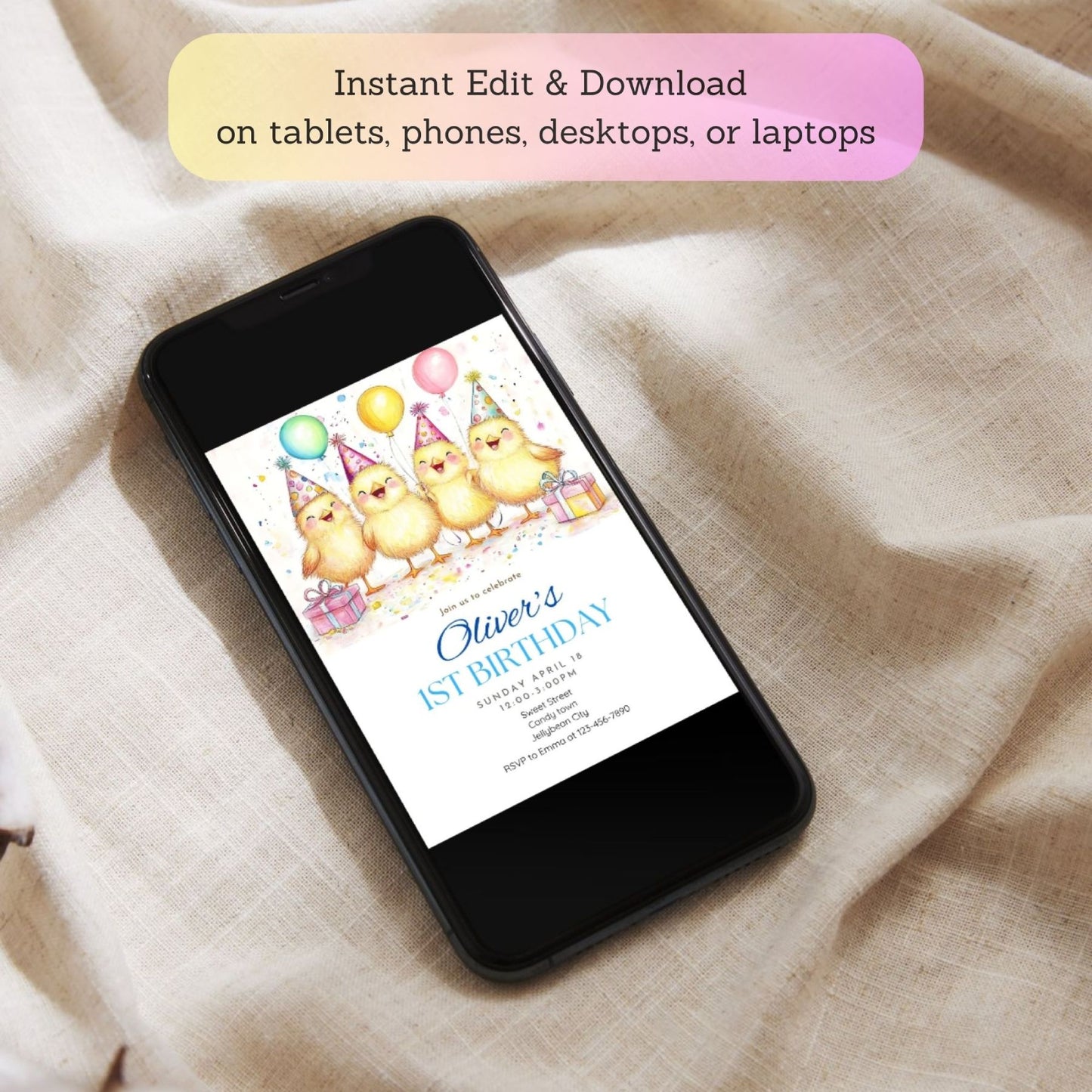 Baby chick farm-themed kids' party invitation for first birthdays.