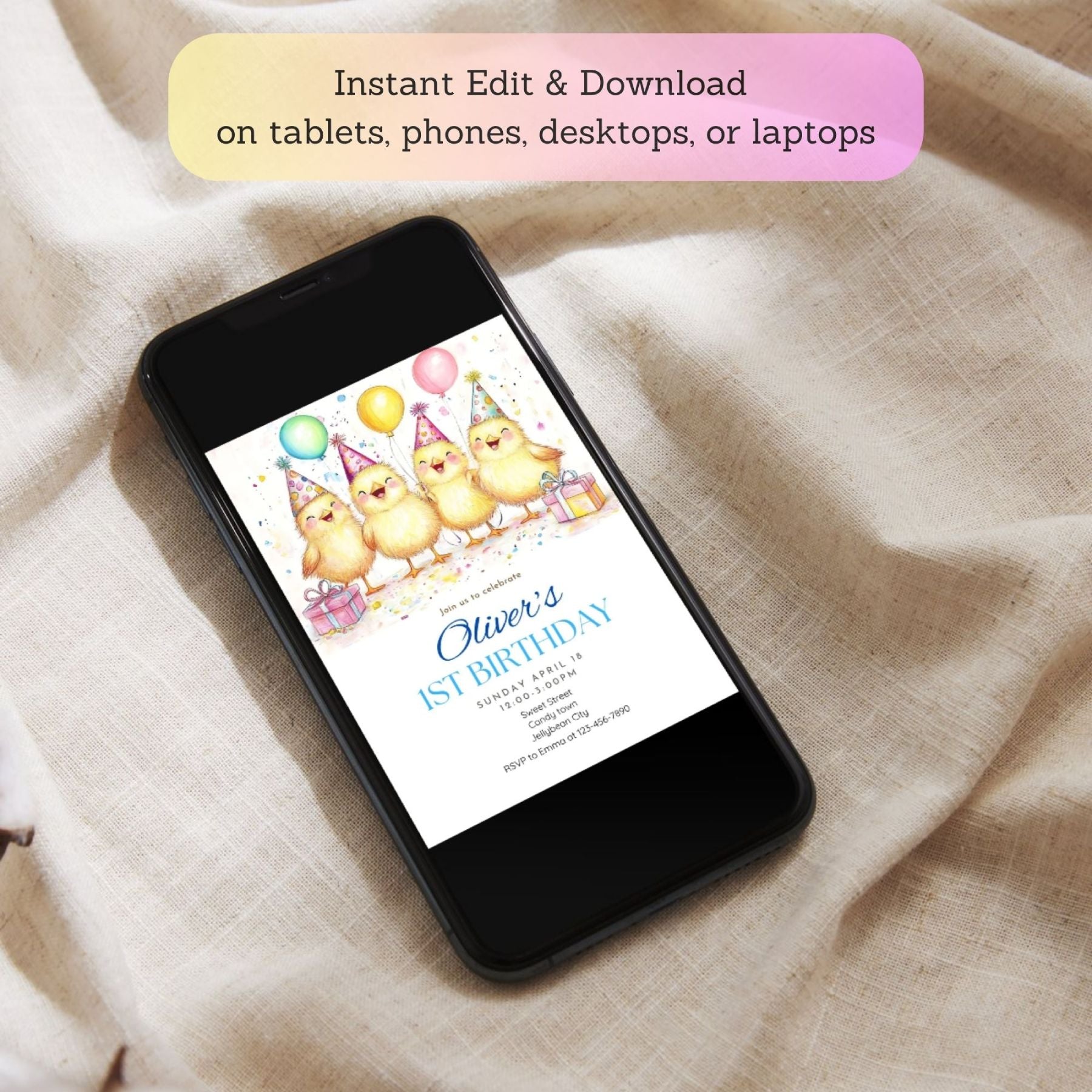 Baby chick farm-themed kids' party invitation for first birthdays.