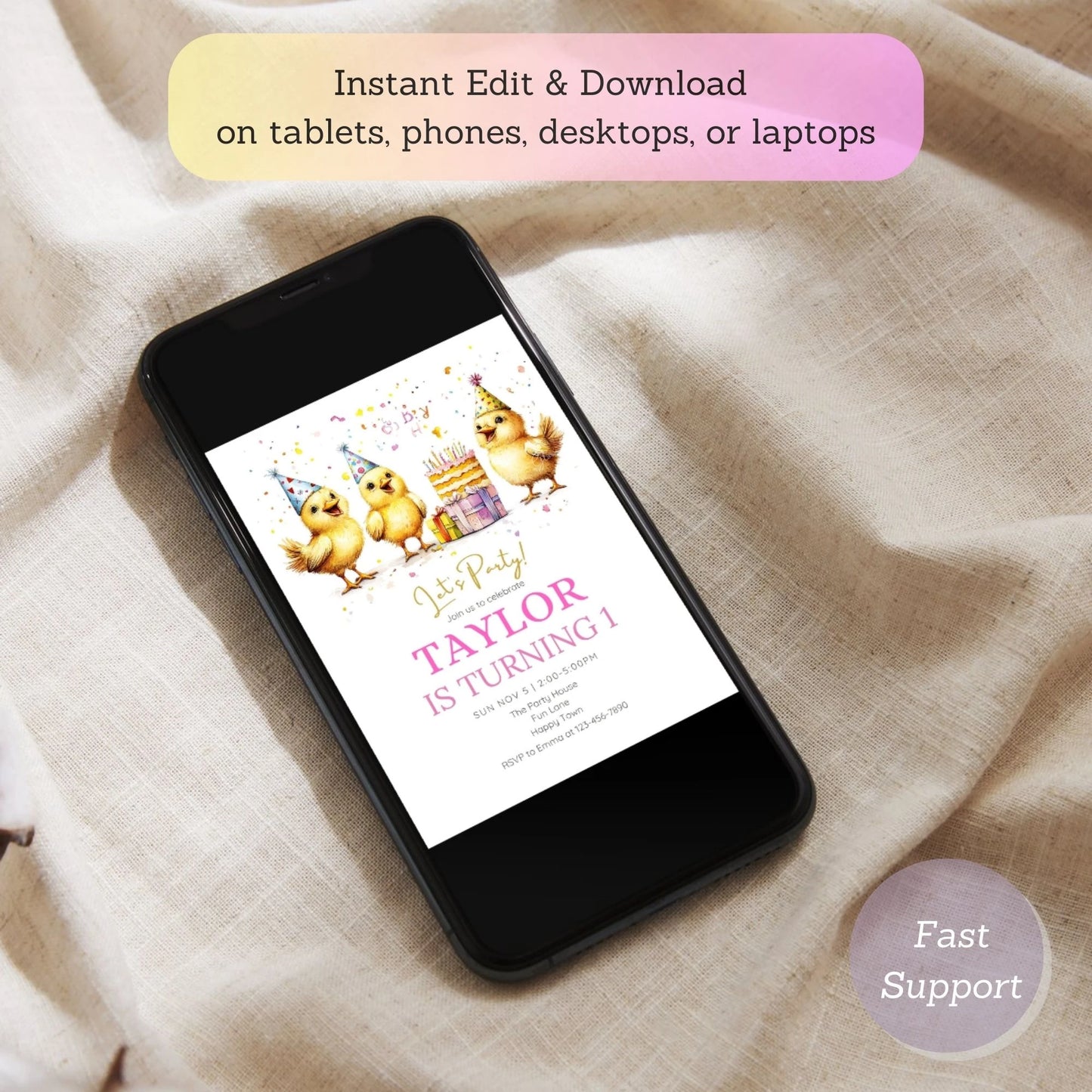 Baby chick farm party invitation for kids' birthdays.