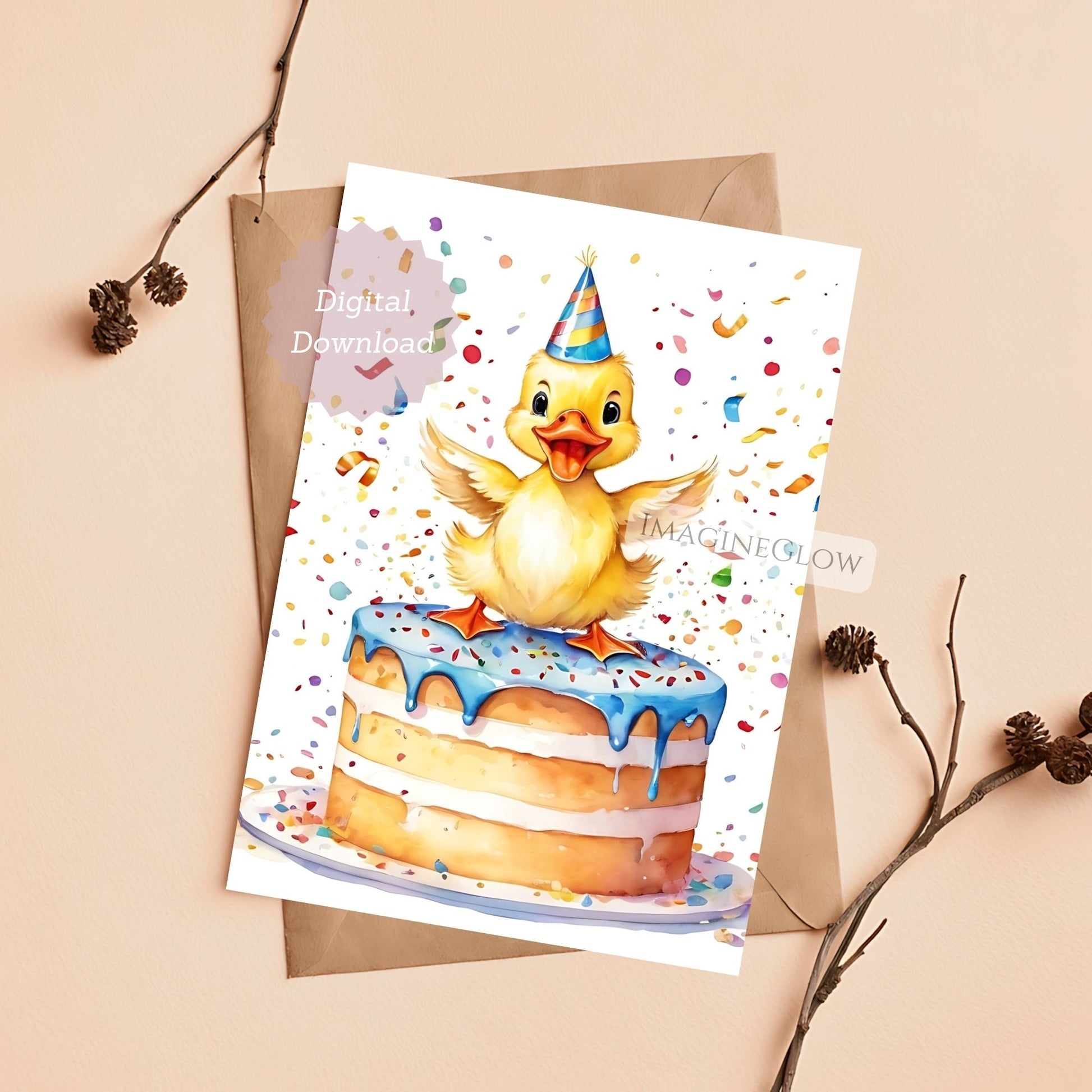 Digital download card with a duck on a birthday cake and confetti