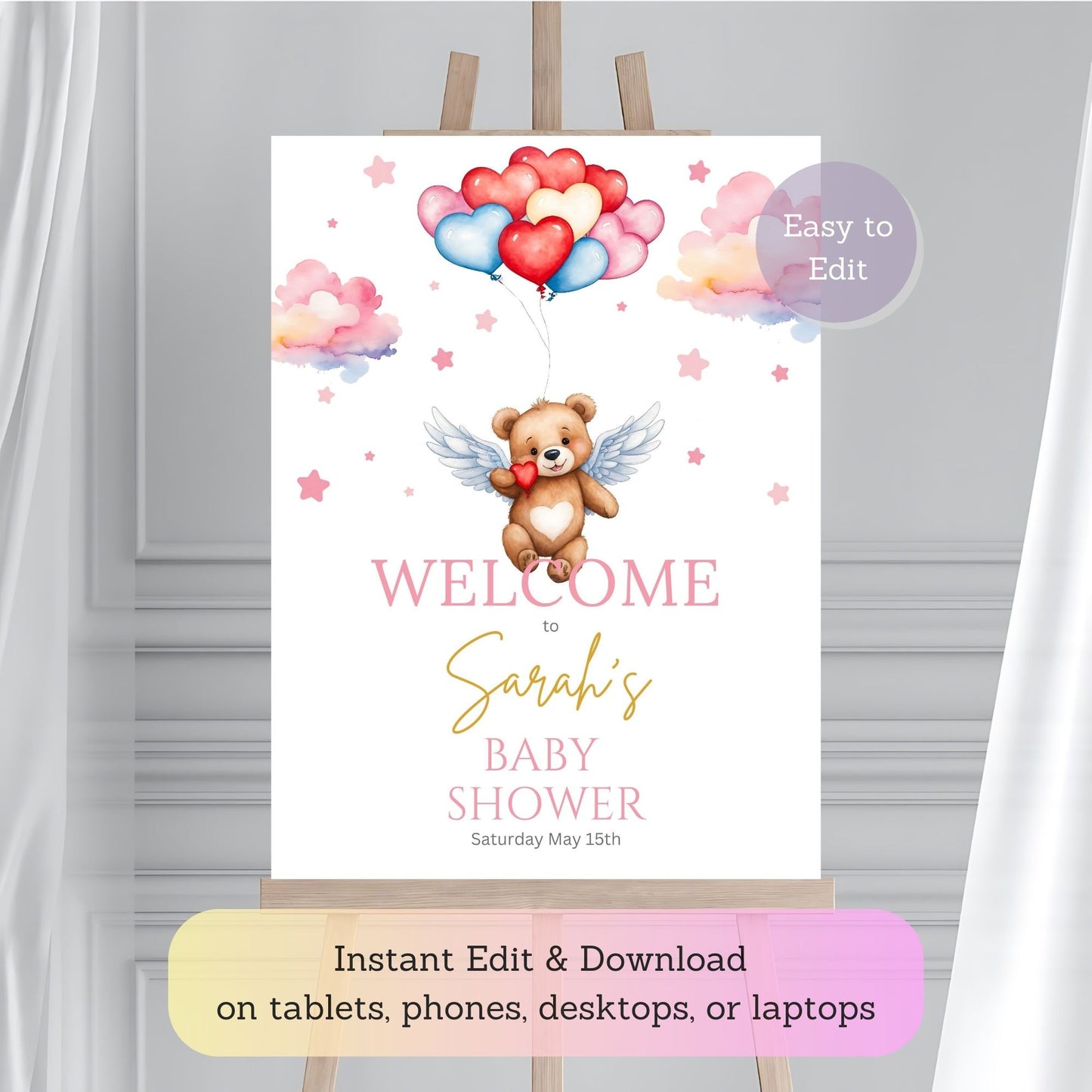 Baby shower decor poster with angel balloons and bear.